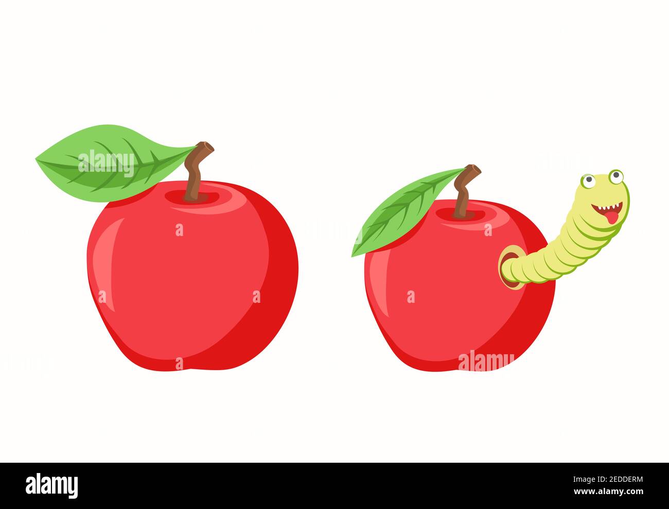 Jeu de pommes rouges avec chenille verte et sans elle. Illustration de Vecteur