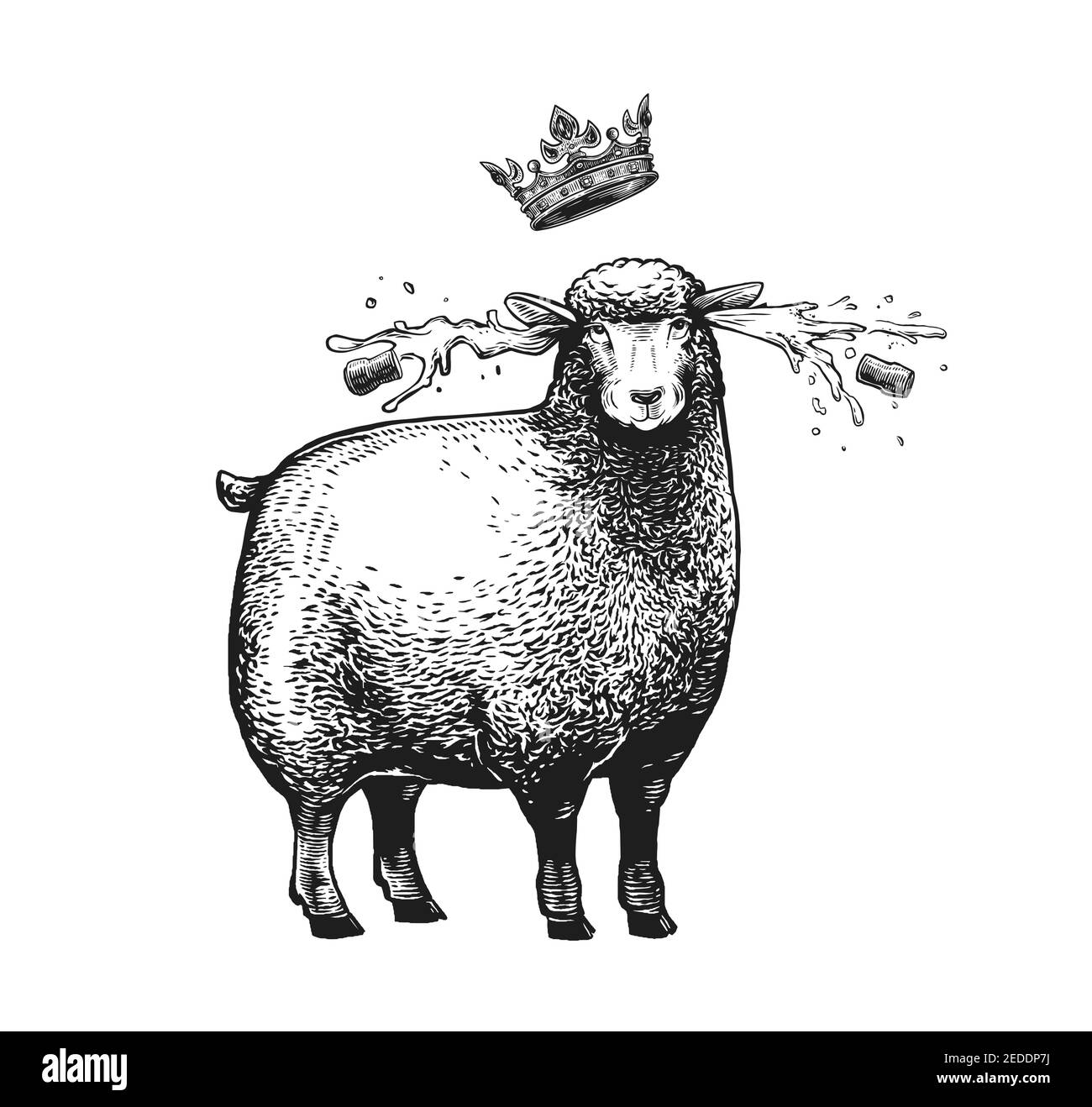 Bande dessinée Sheep stylisée avec la couronne au-dessus de sa tête. Illustration vectorielle de la Reine Sheep en style graphique sur fond blanc. Illustration de Vecteur