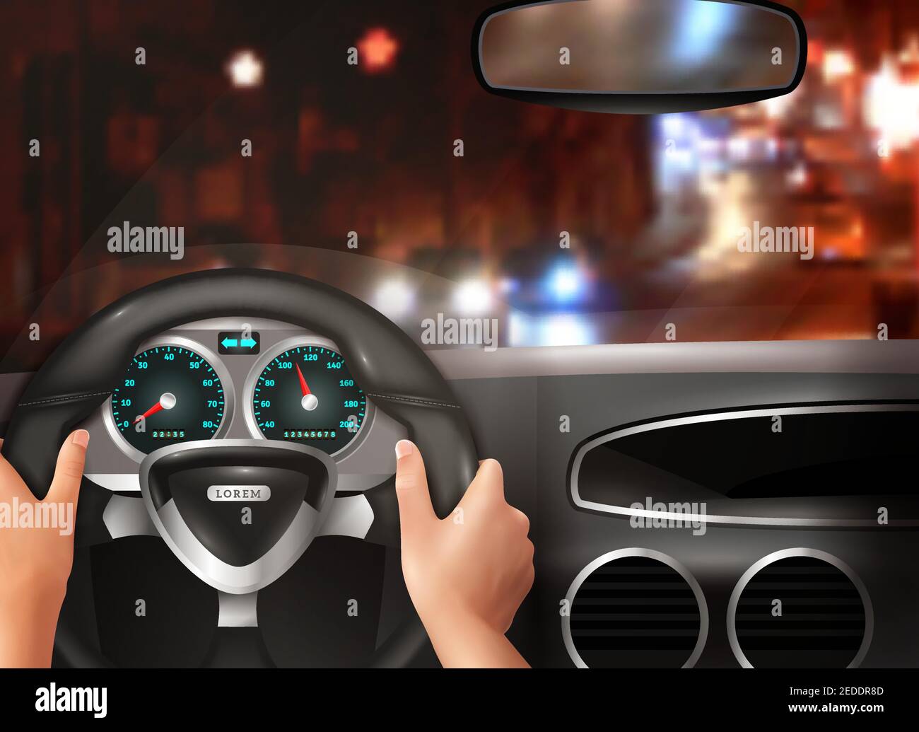 Conduite de voiture concept réaliste avec les mains du conducteur tenant la direction vue de la rue roue et de la ville de nuit sur l'illustration vectorielle du pare-brise Illustration de Vecteur