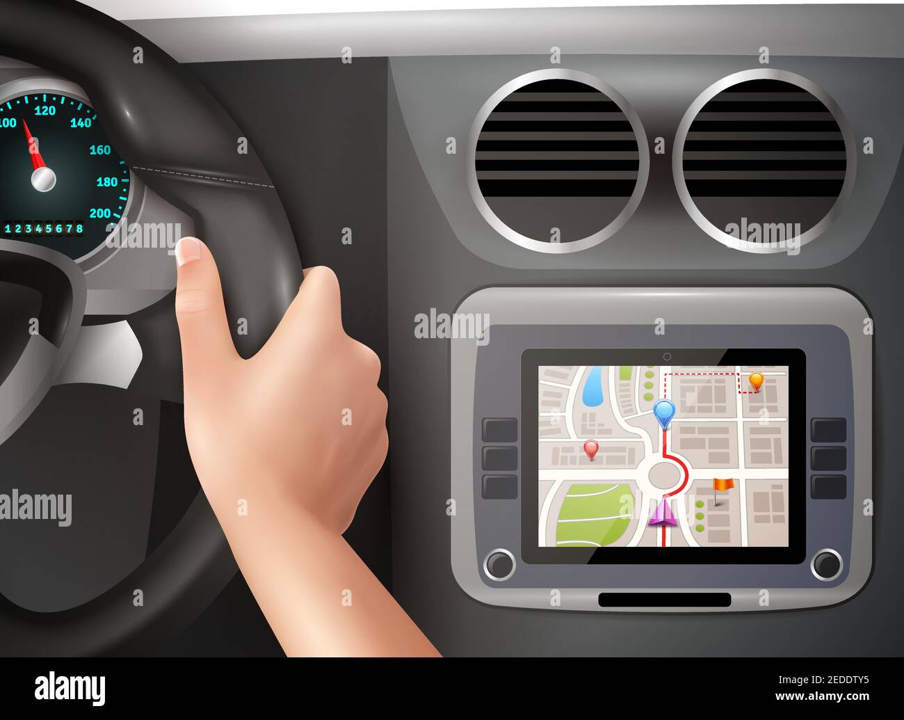 Illustration vectorielle réaliste des mains du conducteur tenant le volant avec navigateur gps dans le panneau de voiture du cockpit Illustration de Vecteur