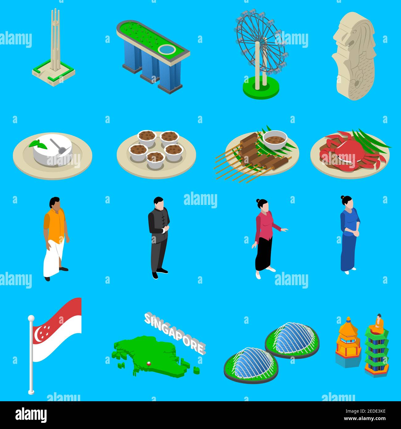 Les attractions touristiques de Singapour avec des symboles culturels et de la nourriture drapeau national les icônes isométriques définissent l'illustration abstraite isolée du vecteur Illustration de Vecteur
