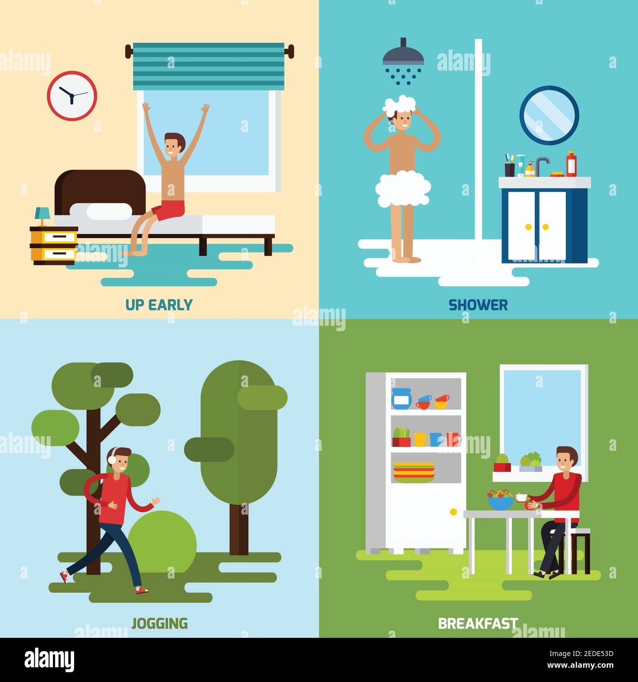 Quatre personnages carrés du matin avec douche tôt illustration vectorielle des descriptions de jogging et de petit déjeuner Illustration de Vecteur