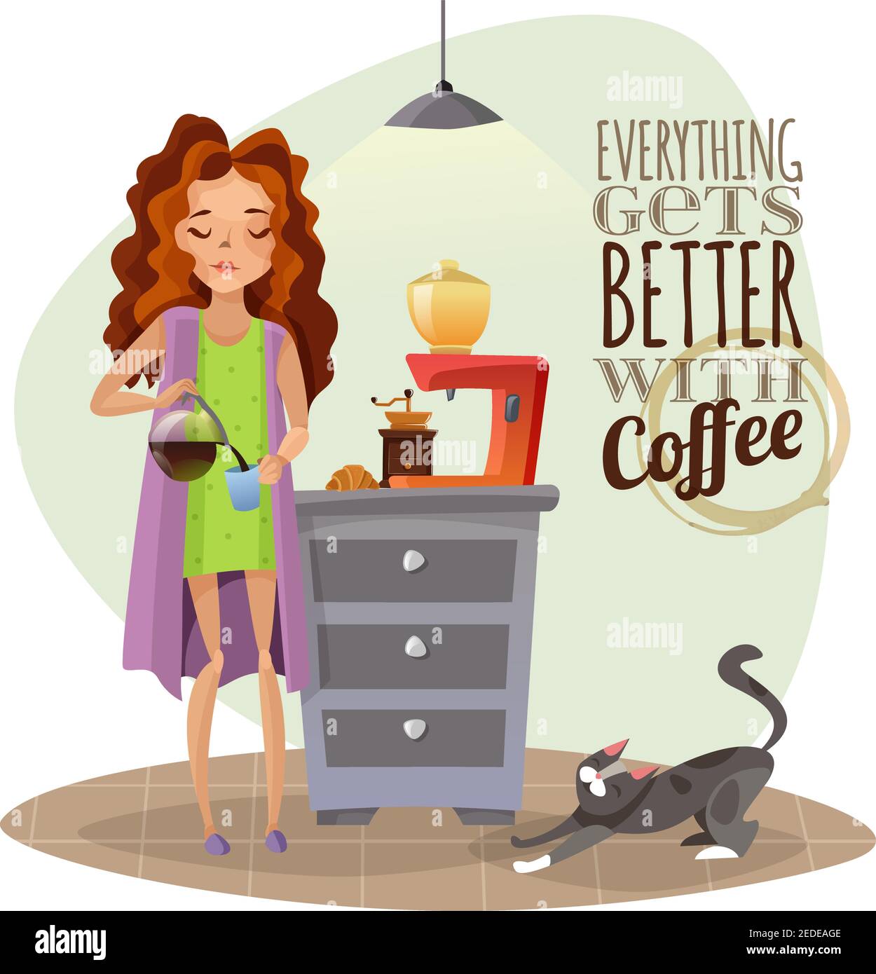 Illustration de vecteur de matin d'éveil avec une jeune fille versant du café machine à café pour tasse et chat Illustration de Vecteur