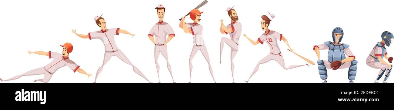 Les joueurs de baseball ont mis en scène des icônes colorées avec des figurines représentant un sportif de dessin animé différentes poses sur fond blanc illustration vectorielle isolée plate Illustration de Vecteur