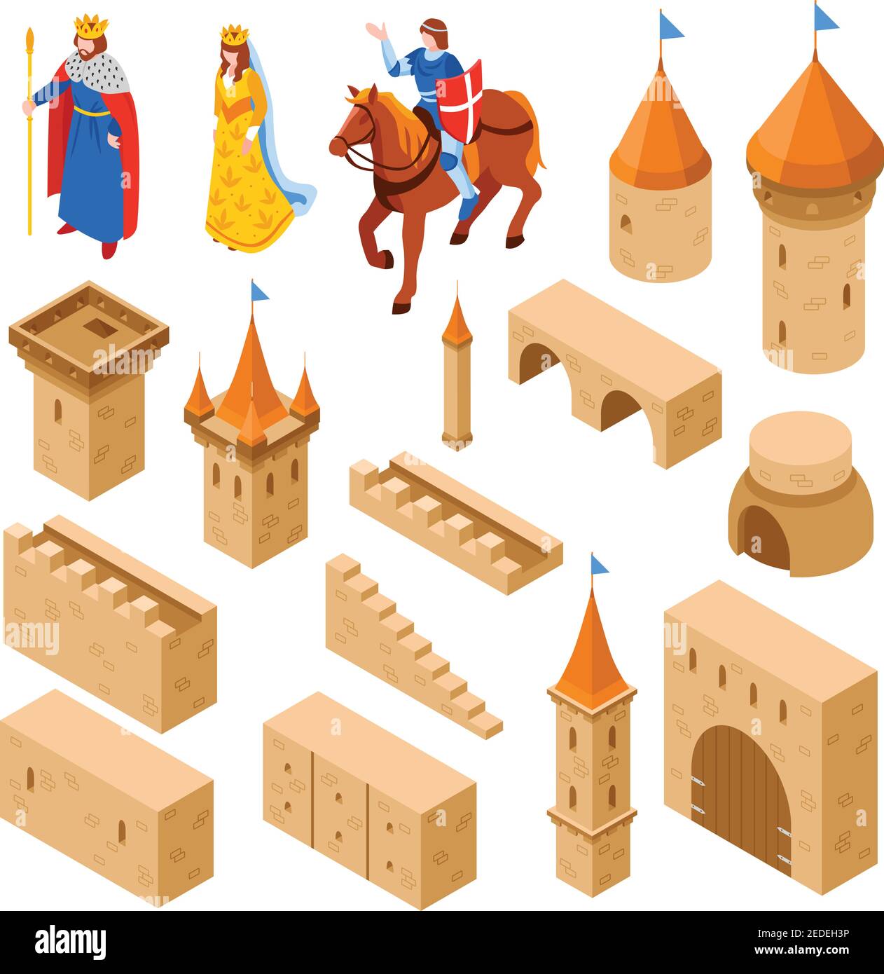Château médiéval éléments ensemble isométrique comprenant des tours et des murs pont illustration vectorielle isolée de la famille gate et royale Illustration de Vecteur