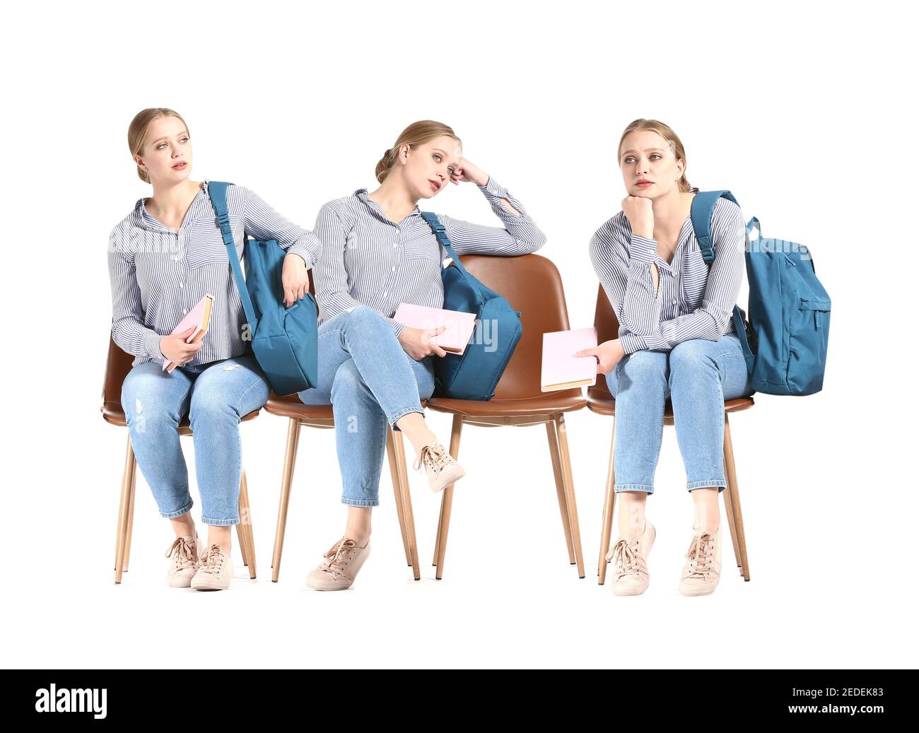 Collage de la jeune femme émotive en attente d'un entretien d'emploi arrière-plan blanc Banque D'Images