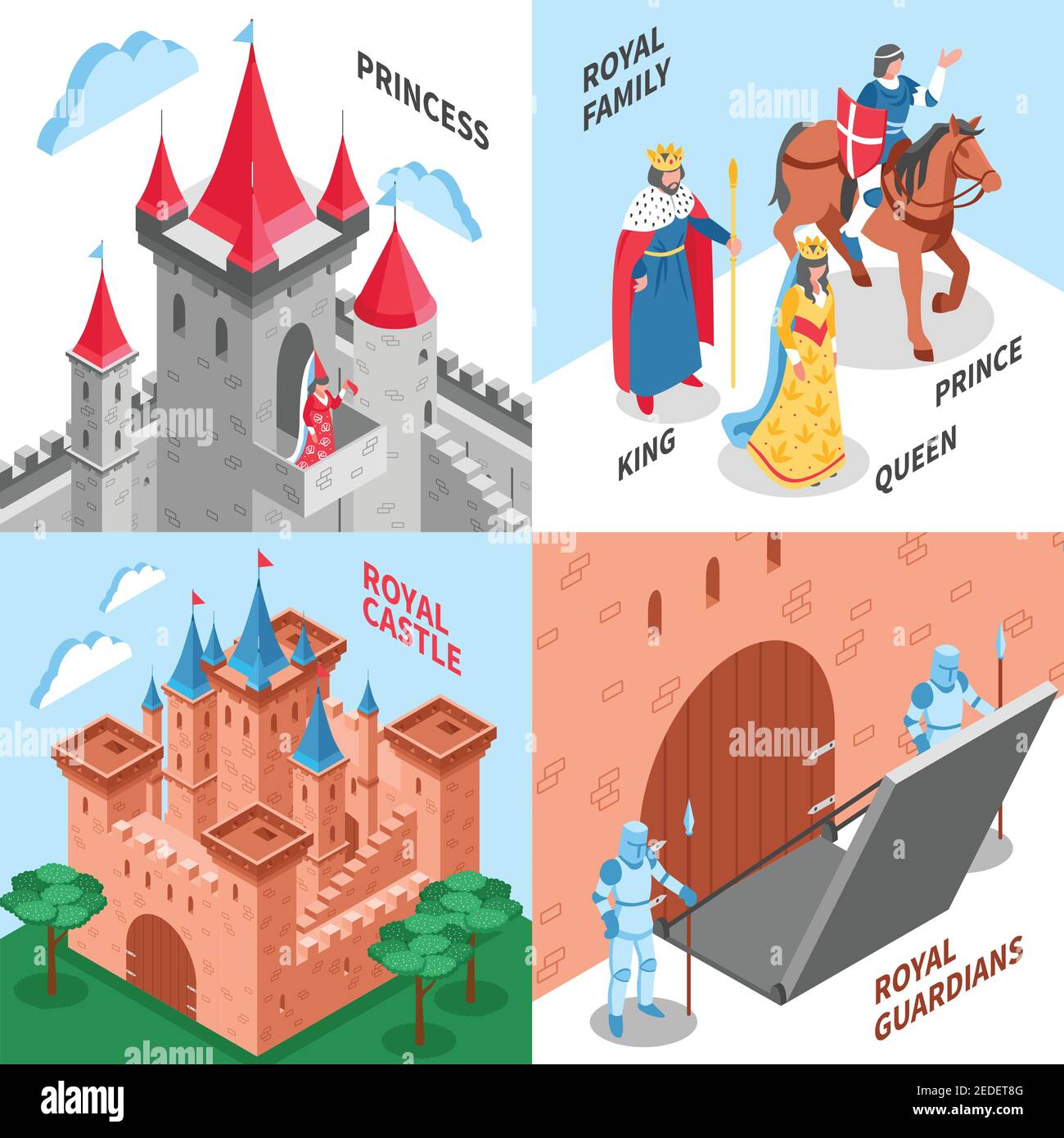 Quatre concepts carrés de design de château royal avec famille royale de princesse illustration vectorielle du château royal et des gardiens royaux Illustration de Vecteur