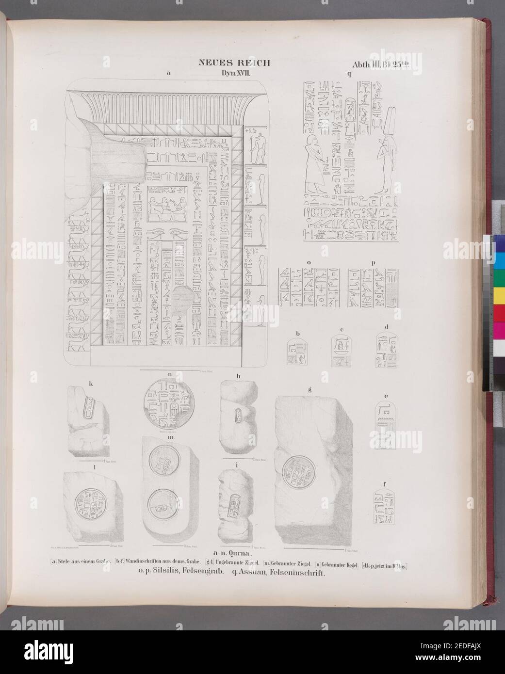 Neues Reich. Dyn. XVII Qurna- a. Stèle aus einem Grabe; b - f Wandinschriften aus dems. Grabe; g - l Ungebrantte Ziegel; M. Gebannter Ziegel; n. Gebannter Kegel; O. p. Silsili (Gebel el-Silsili), Banque D'Images