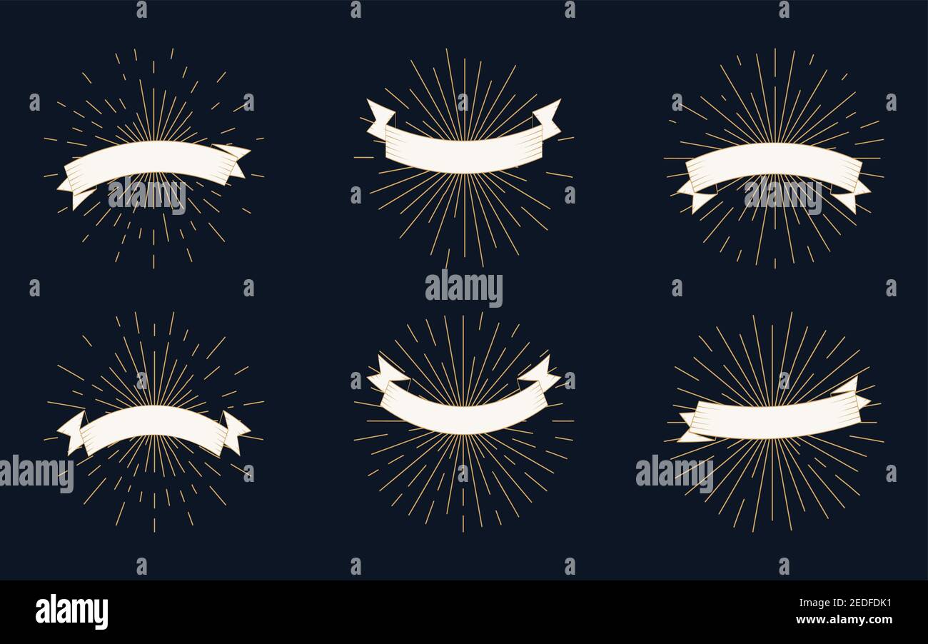 Rubans rétro blancs avec contour doré et lunettes de soleil, ensemble d'icônes. Ancien ruban vintage en style gravure. Gabarits de ruban de bannière vierge avec rayons de lumière pour les invitations ou les cartes. Illustration vectorielle Illustration de Vecteur