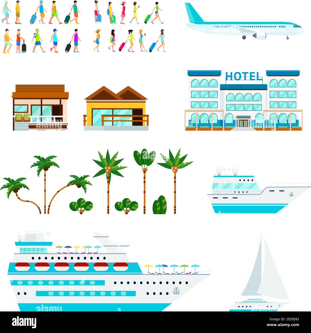 Croisière avec des images isolées et plates de touristes palmiers de l'océan illustration de l'avion de yacht et de l'hôtel de plage de paquebots Illustration de Vecteur