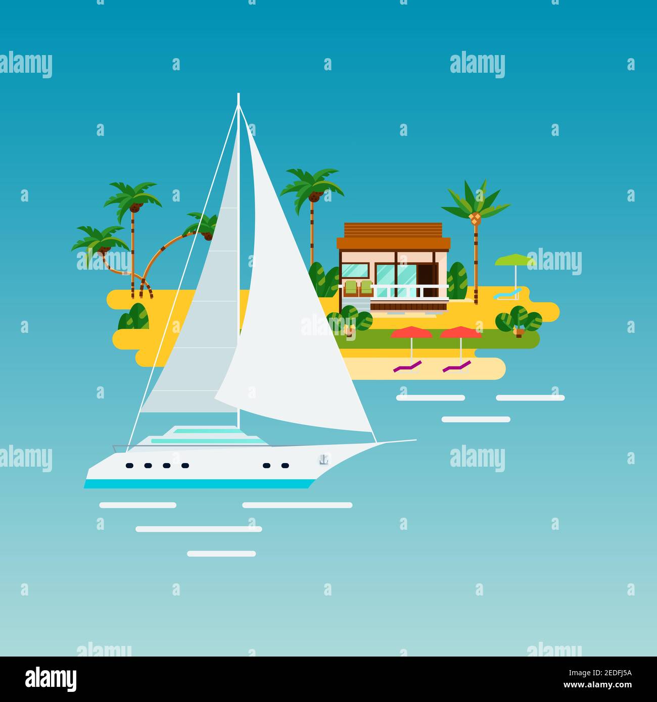 Île tropicale composition de vacances avec des images plates de l'océan yacht et une île de sable avec des palmiers et une illustration vectorielle de la maison Illustration de Vecteur