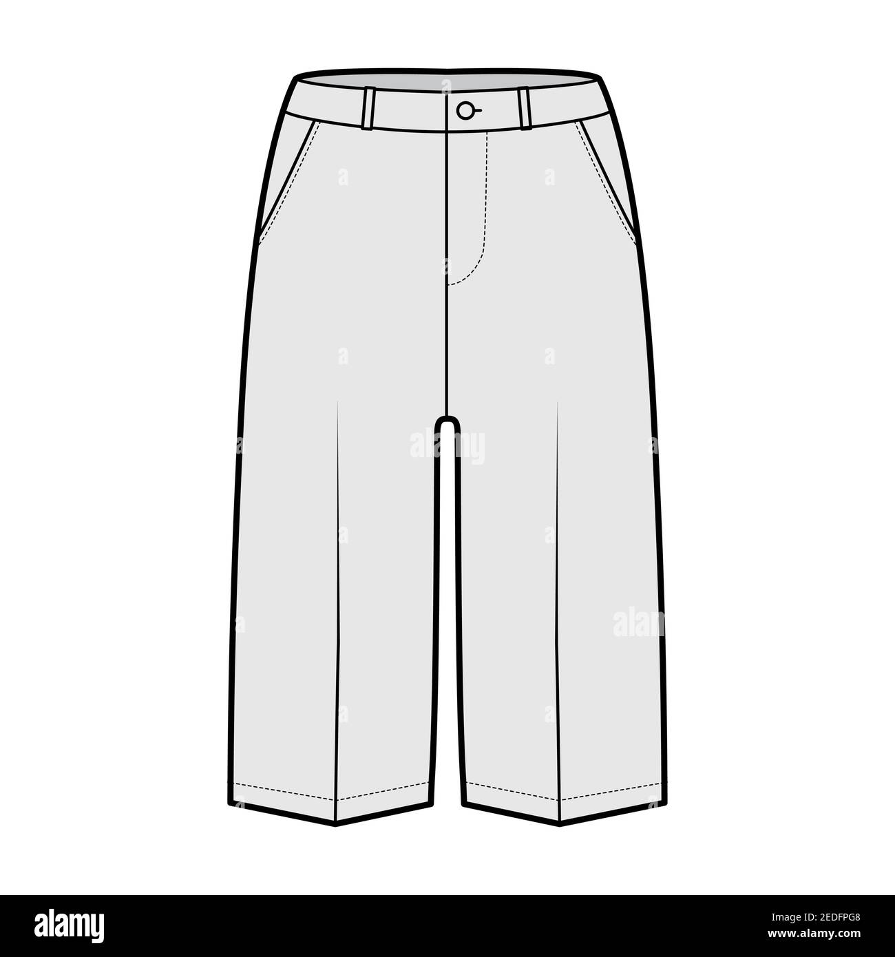 Short Bermuda pantalon illustration technique de la mode avec longueur de genou, taille basse, taille haute, poche écrasée. Modèle de bas de marche plat à l'avant, de couleur grise. Femmes, hommes unisex CAD maquette Illustration de Vecteur