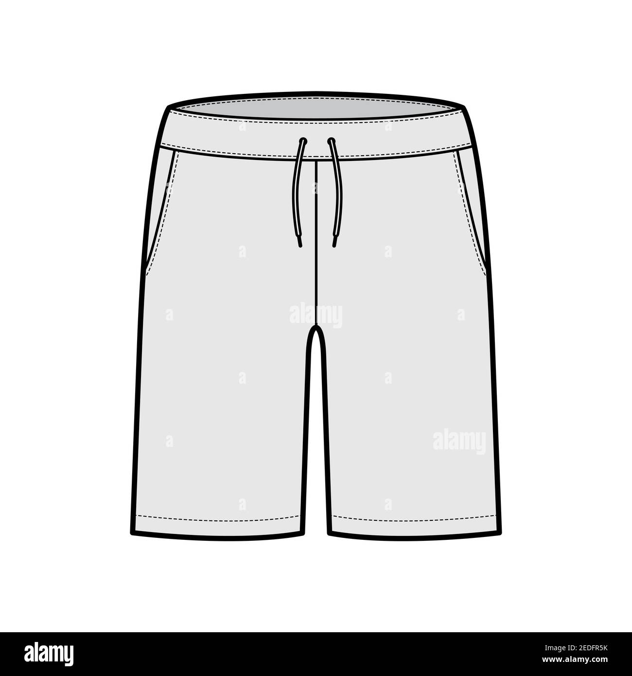 Short pantalon perforé illustration technique de la mode avec mi-cuisse classique Bermudes longueur, taille basse, taille, poche oblique. Avant modèle à fond plat, couleur grise. Maquette CAD pour femmes et hommes Illustration de Vecteur