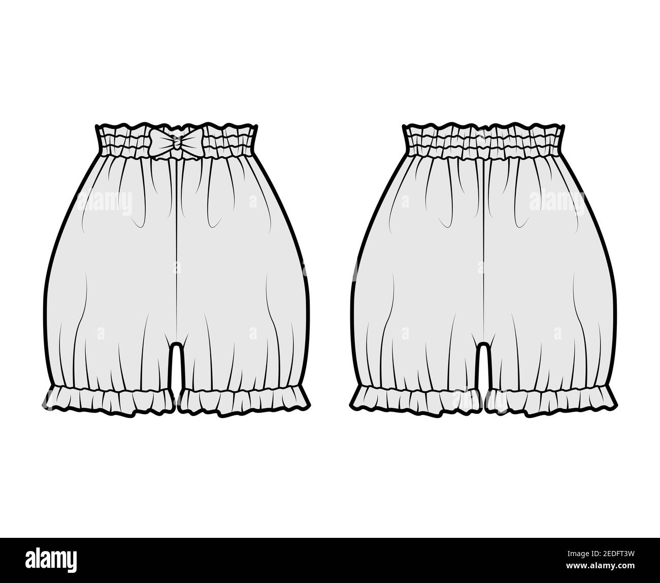 Short bloomers pantalon technique mode illustration avec noeud, mini longueur, taille normale, taille haute, froncé. Modèle de vêtement à fond plat à l'avant, à l'arrière, de couleur grise. Femmes hommes unisexe CAD maquette Illustration de Vecteur