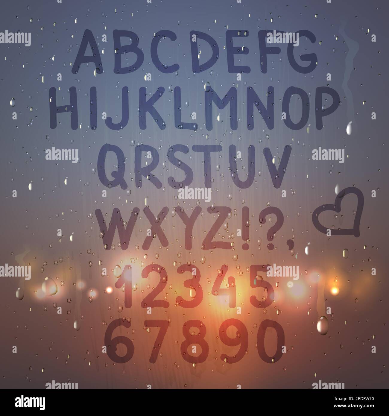 Alphabet réaliste et chiffres colorés dessinés à la main sur verre embrumé composition avec lumières clignotantes sur l'illustration vectorielle d'arrière-plan Illustration de Vecteur