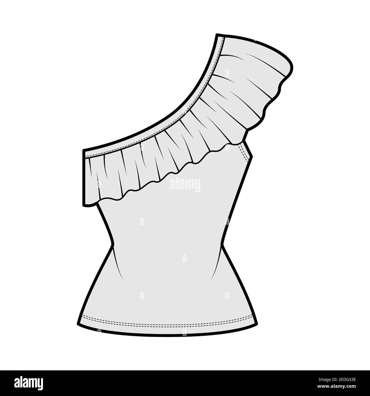 Haut d'une épaule illustration technique de mode avec des volants, corps ajusté, coton extensible. Modèle de chemise à vêtements plats sur le devant, couleur grise. Femmes, hommes unisex CAD maquette Illustration de Vecteur