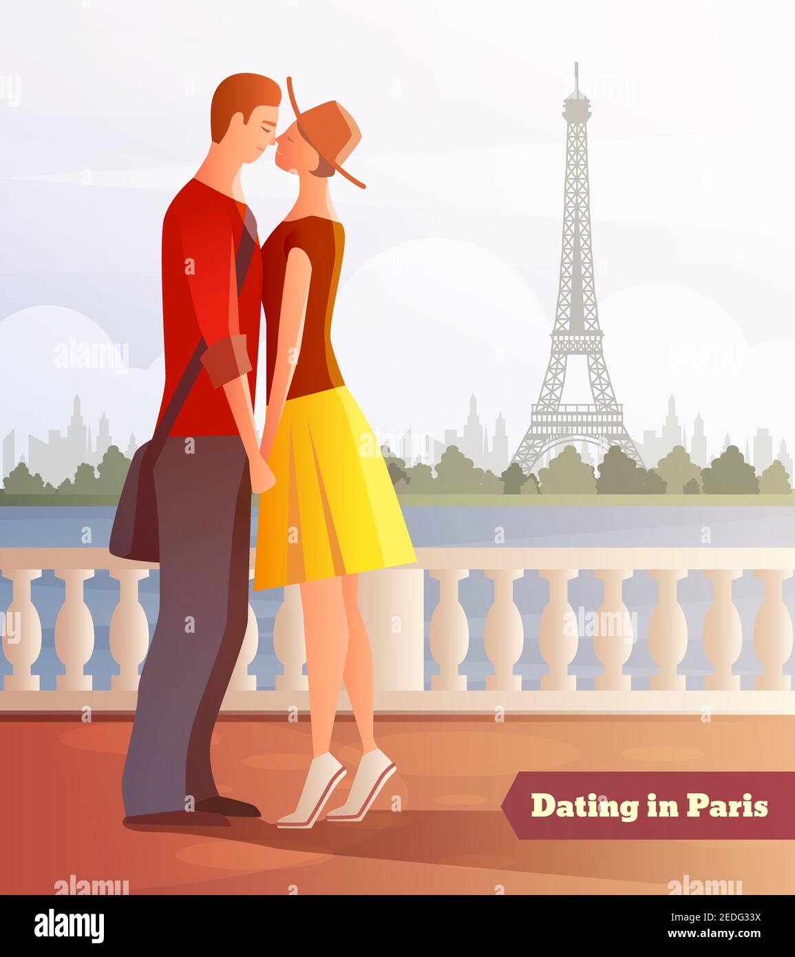 Dîner romantique datant couples composition plate avec personnages humains Illustration vectorielle de la vue sur la rive de la rivière et la tour Eiffel Illustration de Vecteur