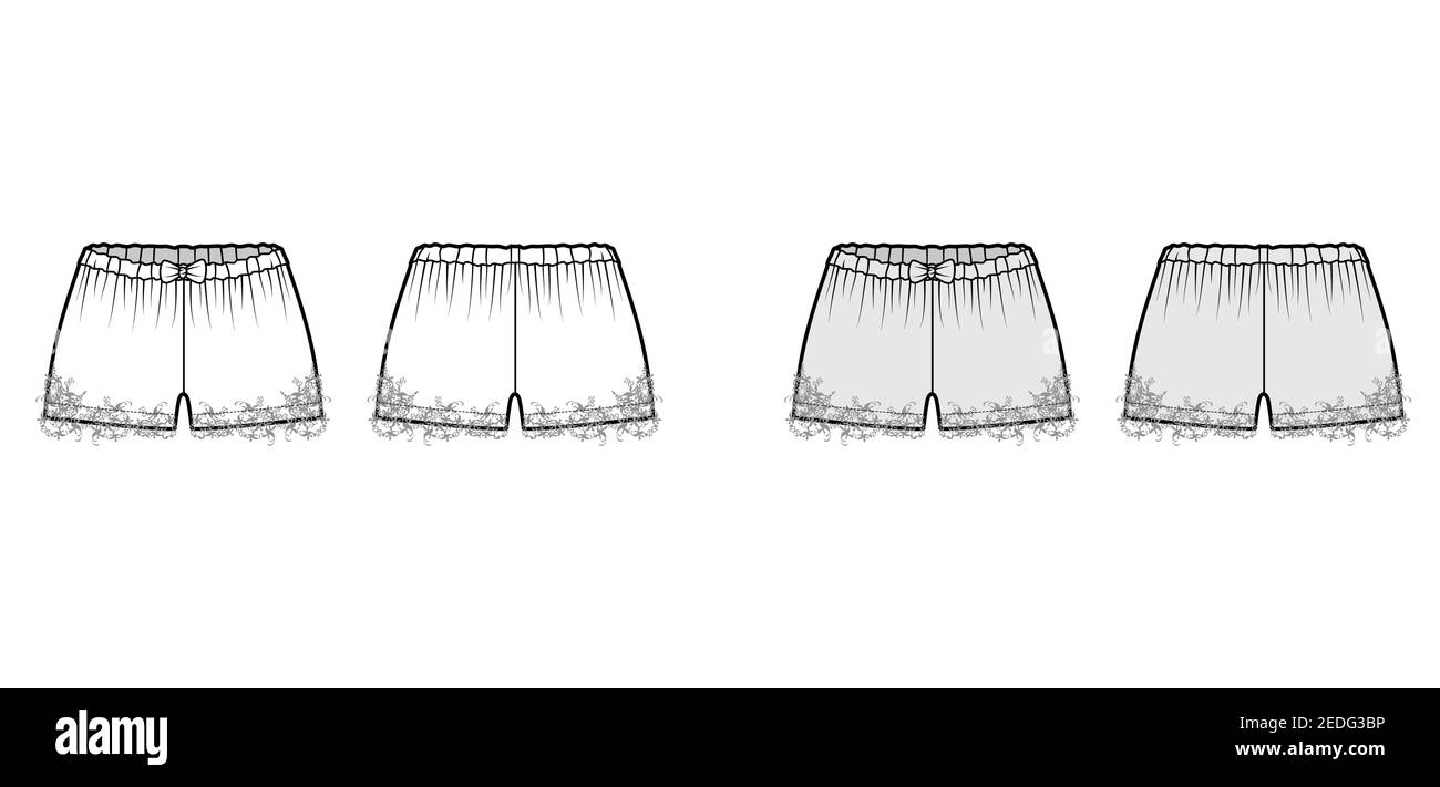 Pantalon à robinet court illustration technique de la mode avec noeud, dentelle, longueur mini, taille basse, taille haute. Modèle de vêtement de nuit inférieur sans pinces à l'avant, à l'arrière, de couleur grise blanche. Femmes hommes unisexe CAD maquette Illustration de Vecteur