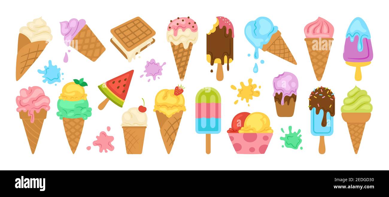 Ensemble de dessins animés crème glacée. Chocolat, crème glacée à la vanille, fruit cornet, menthe, lally glacée aux baies. Kawaii collection d'été lumineuse sucrée, splash. Pastèque sur bâton. Illustration vectorielle de dessert isolée Illustration de Vecteur