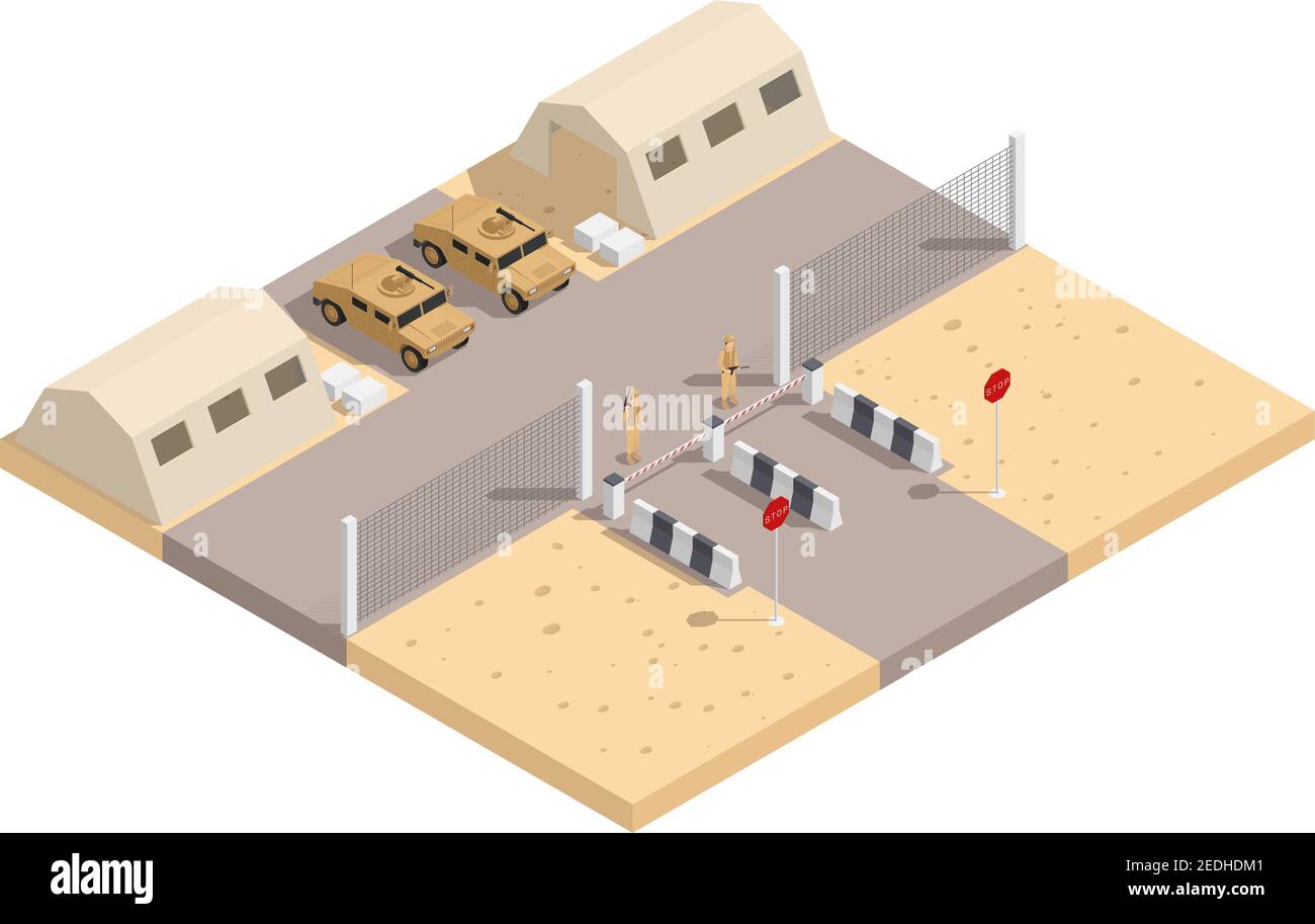 Composition isométrique militaire avec base militaire gardée et avec le illustration du vecteur d'équipement nécessaire Illustration de Vecteur