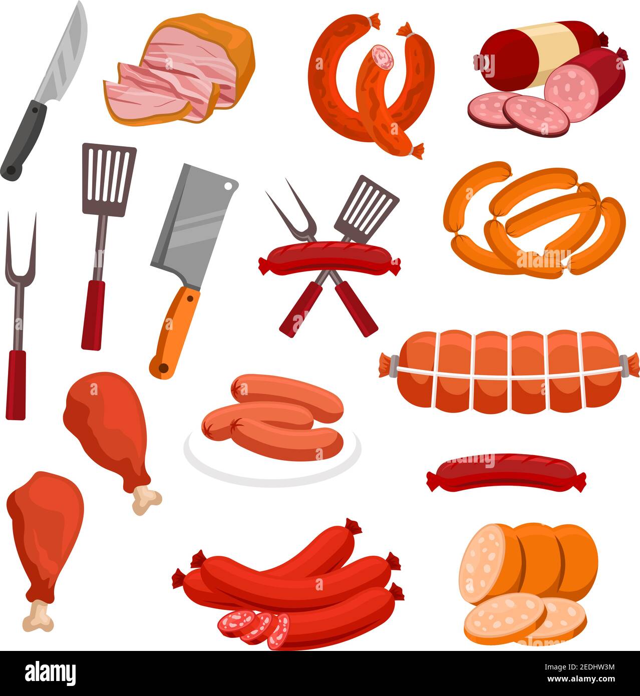 Icônes vectorielles viande et saucisses. Boucherie ou boucherie faire des emplettes de produits alimentaires de viande et de charcuterie. Pattes de poulet grillées isolées et tranches de bacon de porc, abeille Illustration de Vecteur