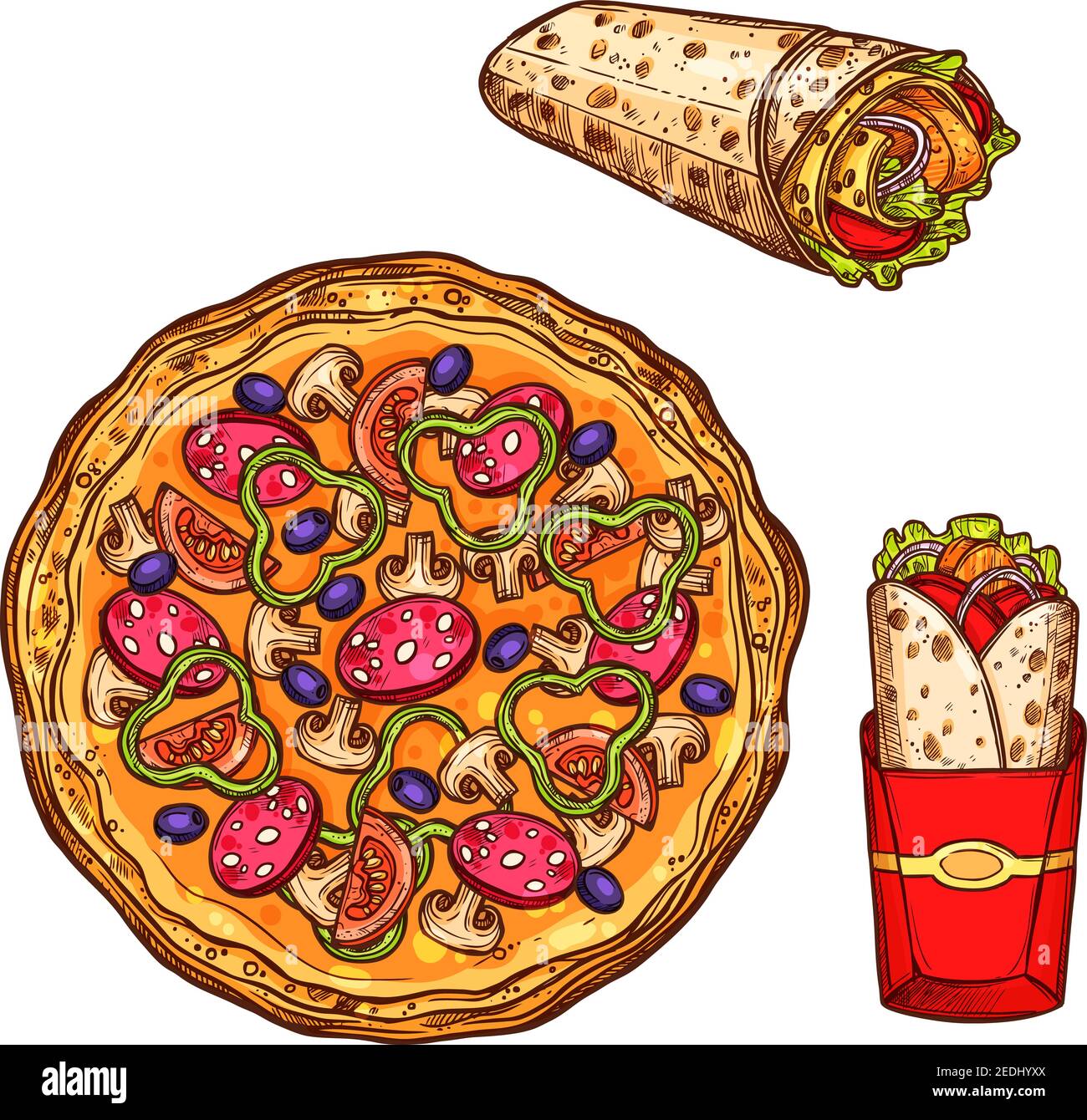 Icônes d'esquisse de restauration rapide. Pizza isolée Vector margherita ou Capricciosa avec salami pepperoni, olives et champignons, tortilla burrito à viande mexicaine Illustration de Vecteur
