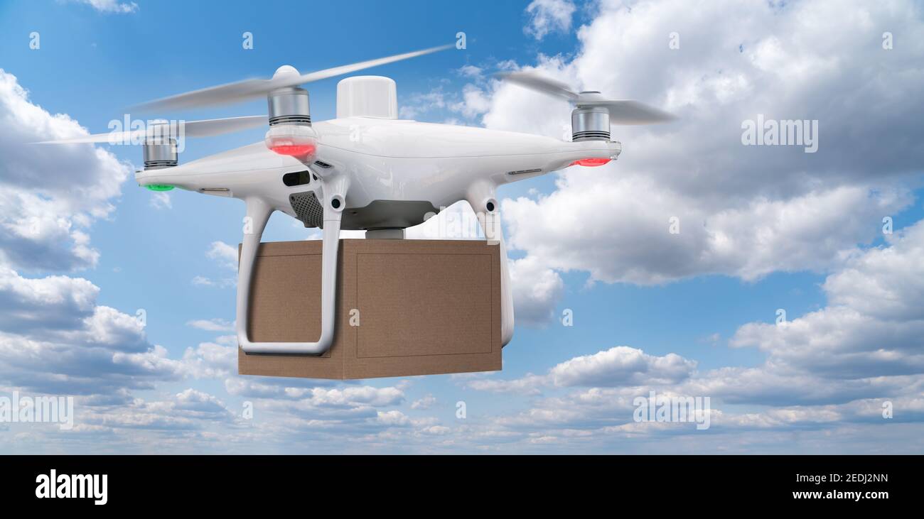 Drone avec un paquet. Concept de livraison sans personnel Banque D'Images