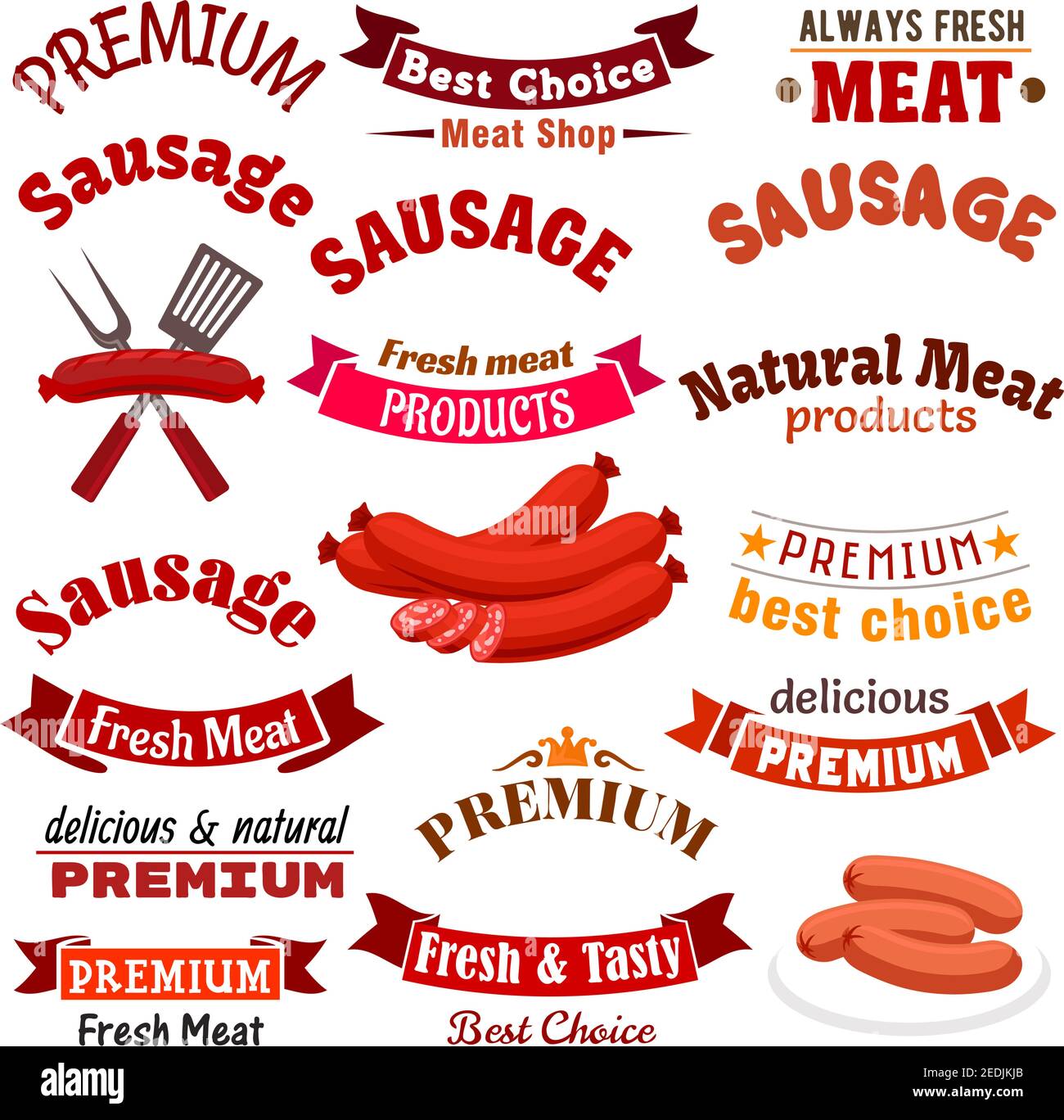 Boucherie de viande produits naturels et saucisses vecteur icônes, emblèmes et rubans. Saucisses fraîches de viande de ferme et charcuterie de kielbasa, bratwurst fumé, s Illustration de Vecteur