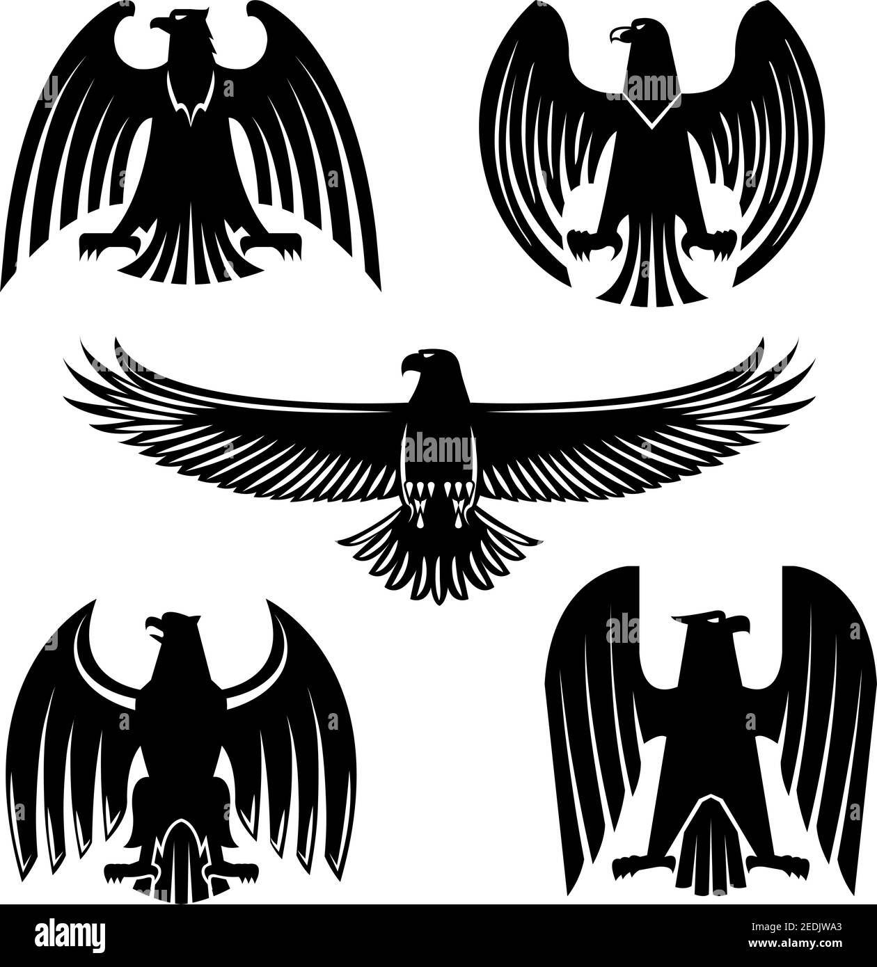 Jeu de symboles héraldique d'aigle, de faucon ou de faucon noirs. Silhouettes d'oiseaux sauvages volantes et debout avec ailes ouvertes. Mascotte sportive, tatouage tribal, manteau d'un Illustration de Vecteur
