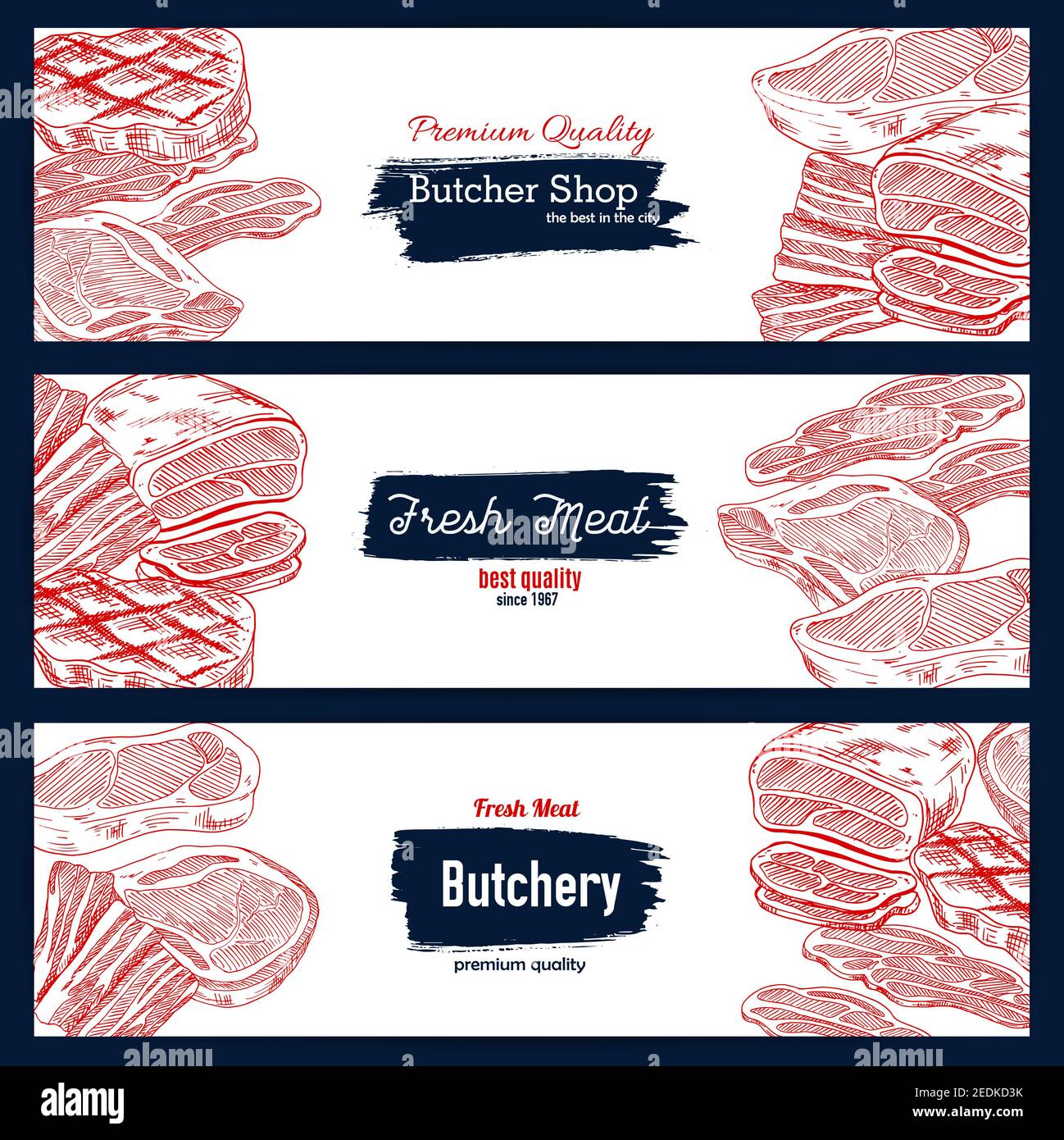 Viande fraîche, ensemble de bannières de boucher. Steak de bœuf esquissé et filet rôti, bacon, jambon et poitrine de porc en tranches. Boucherie, élevage, marché de la viande Illustration de Vecteur