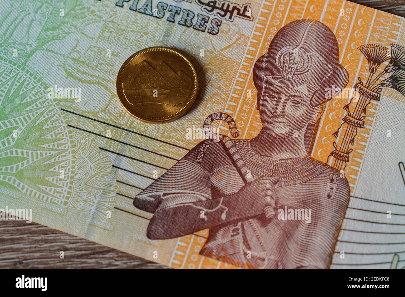 Gros plan de la devise égyptienne (billet de banque de 50 piastres) et 5 pièces de monnaie qirsh Banque D'Images