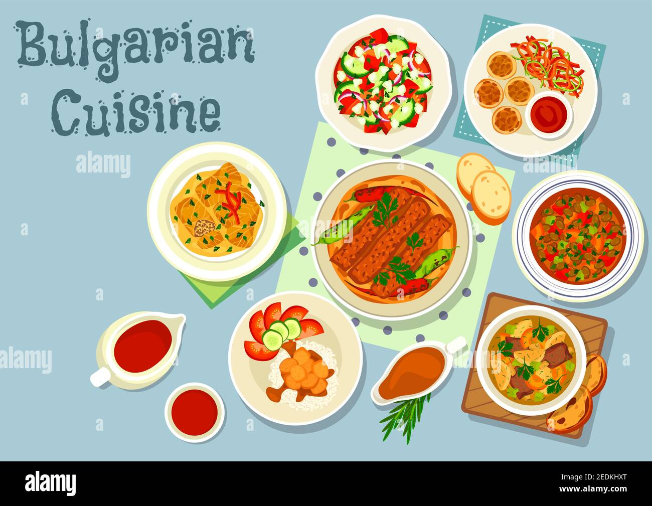 Cuisine bulgare plats salés icône de viande grillée au poivre sur pain plat, boulettes de légumes à la sauce tomate, salade de légumes au fromage, rôti de bœuf Illustration de Vecteur