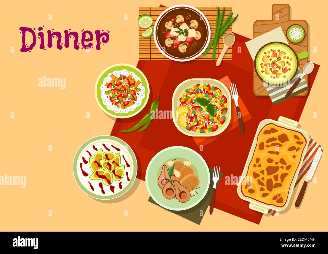 Le dîner est une icône de salade de légumes, soupe aux champignons vietnamiens, porc cuit à la poire, soupe au fromage de légumes au bacon, cocotte d'aubergines, cheesecake Illustration de Vecteur