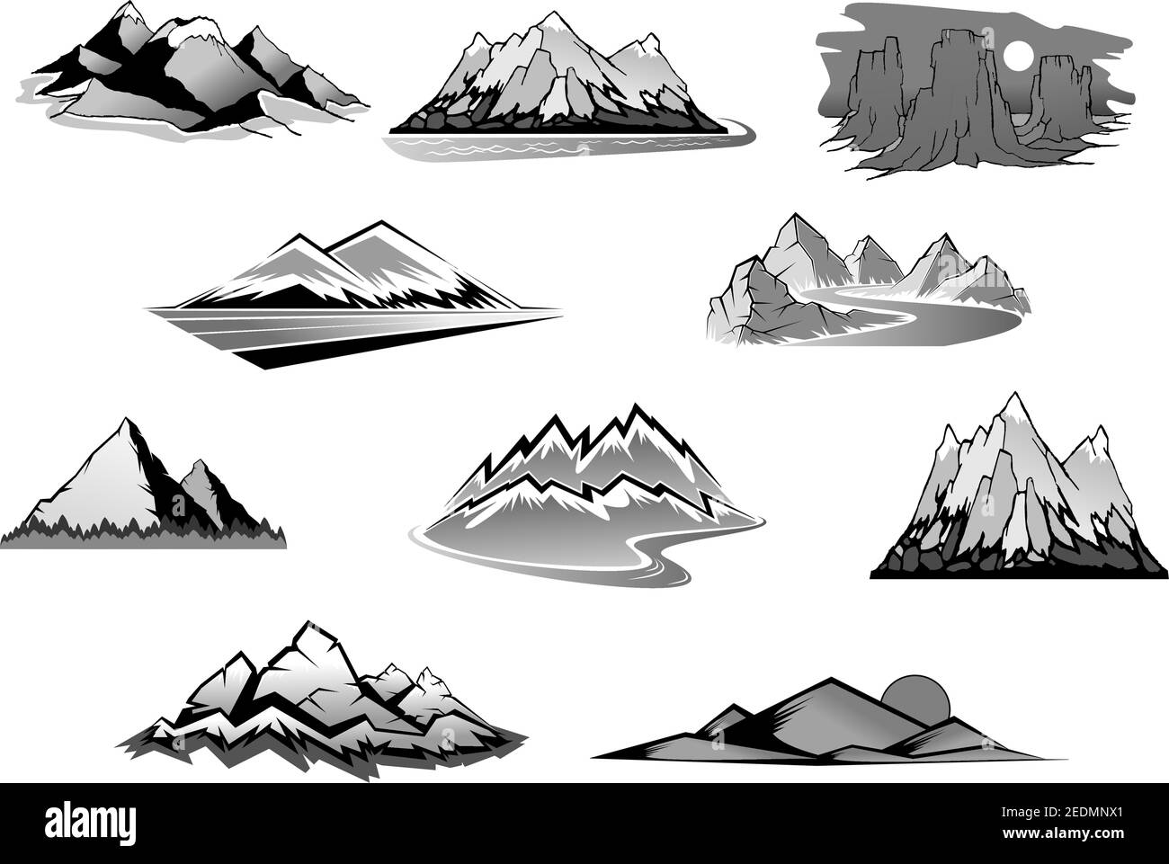 Ensemble d'icônes isolées de paysage de montagne. Chaîne de montagnes, sommet enneigé, colline rocheuse et rochers de tour signe avec forêt de pins, route et rivière. Nature, tourisme, o Illustration de Vecteur