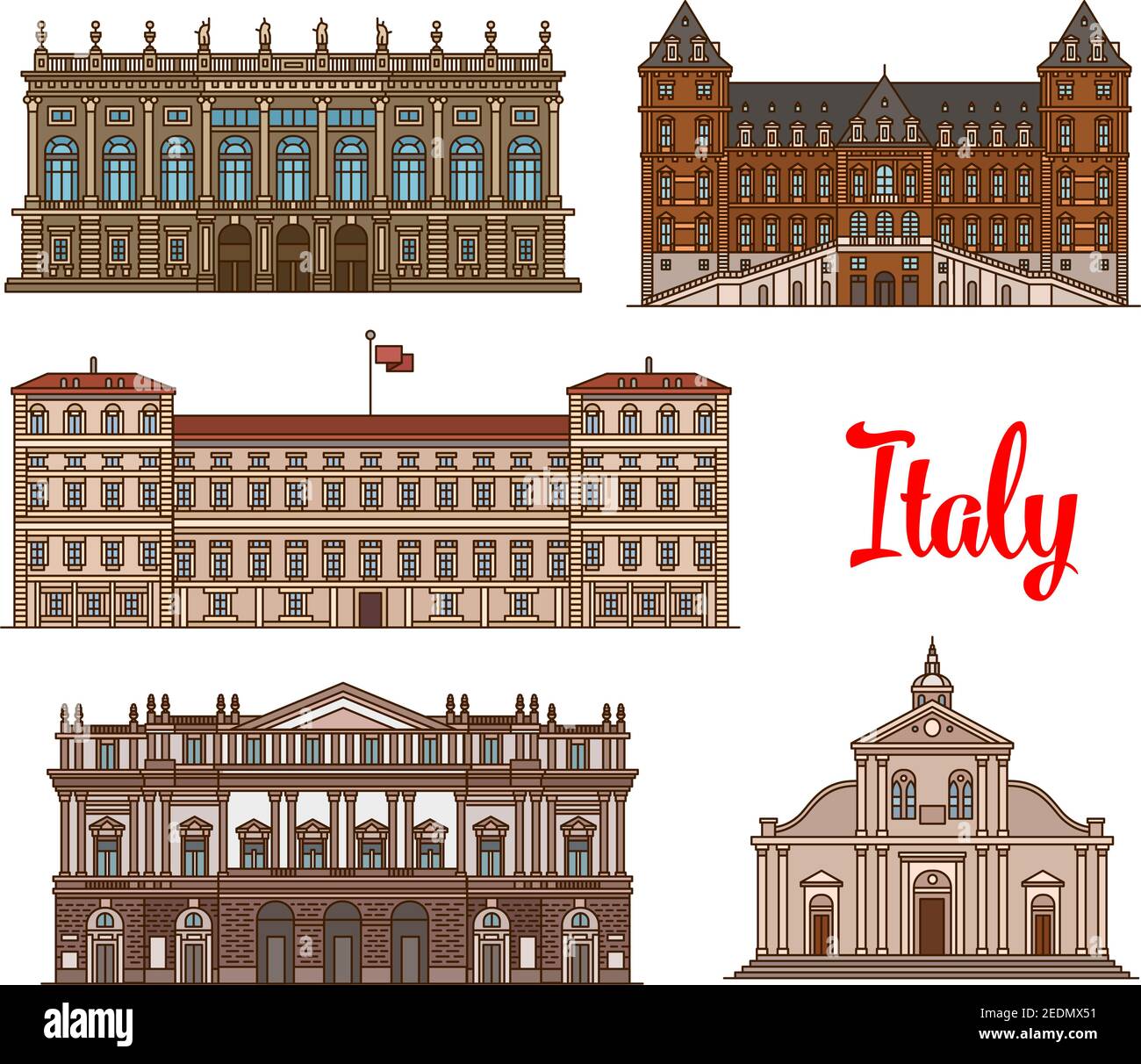Sites touristiques italiens icône linéaire avec le Palais Royal de Milan, le château de Valentino, la cathédrale catholique romaine de Turin, le Palazzo Madama et l'Opéra Illustration de Vecteur