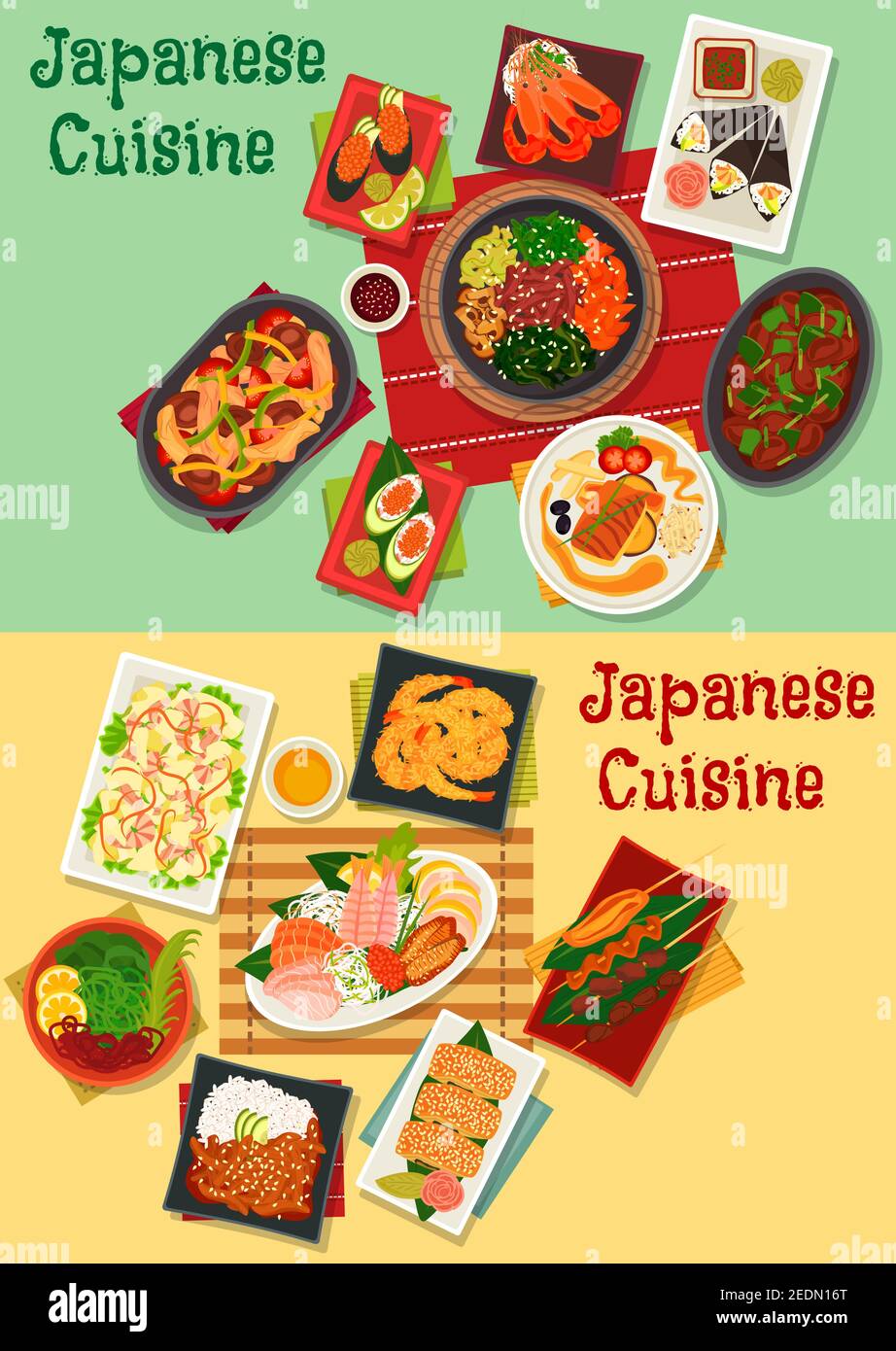 Plat de sushis et de sashimis de cuisine japonaise avec salade de fruits de mer, crevettes, porc teriyaki, ragoût de bœuf aux légumes, poulet grillé et perches, poulet à l'esprit Illustration de Vecteur