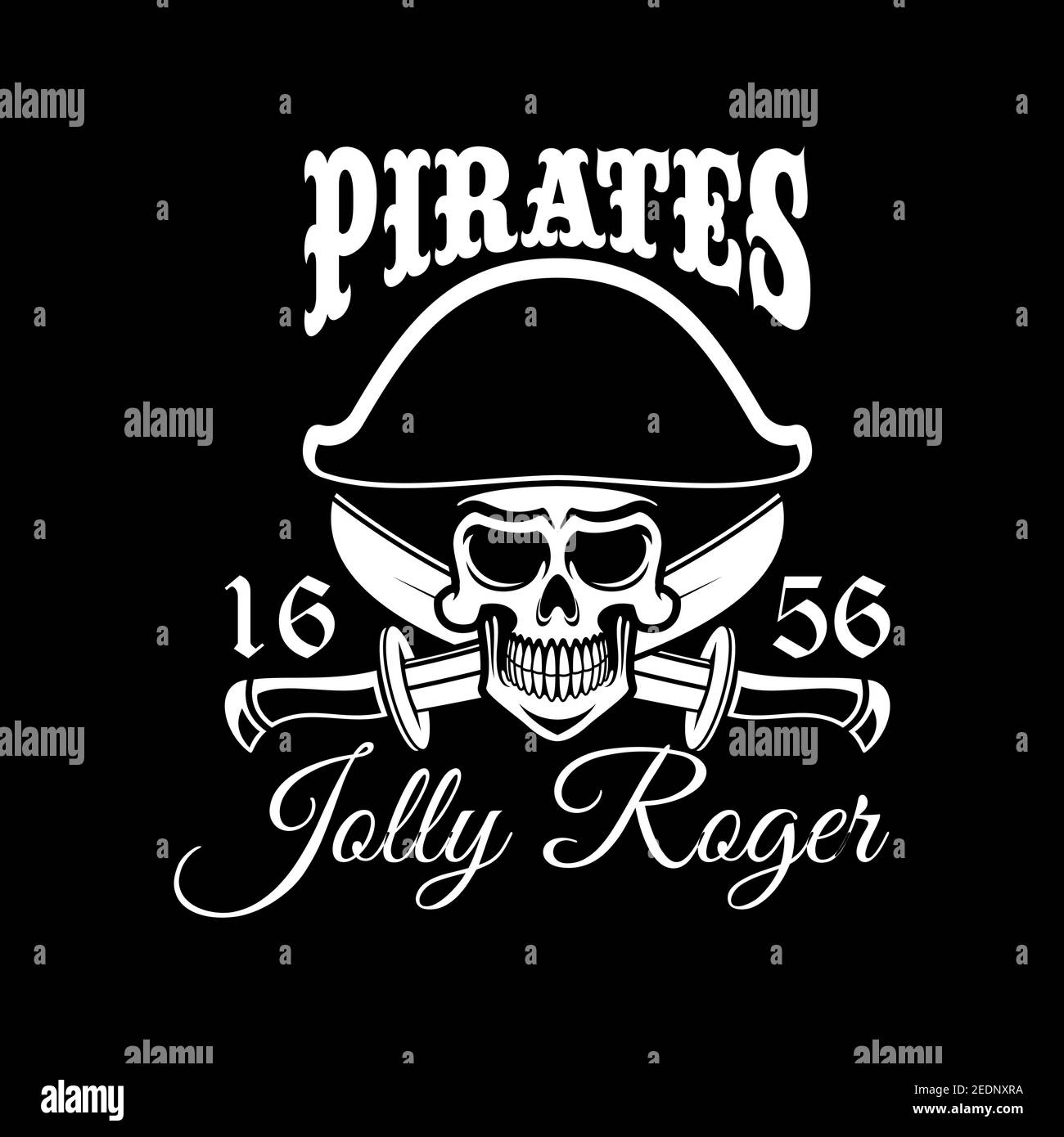 Drapeau vecteur noir pirate avec crâne Jolly Roger en chapeau tricorne capitaine et épées. Voile ou navire piratage design poster pour la fête d Illustration de Vecteur