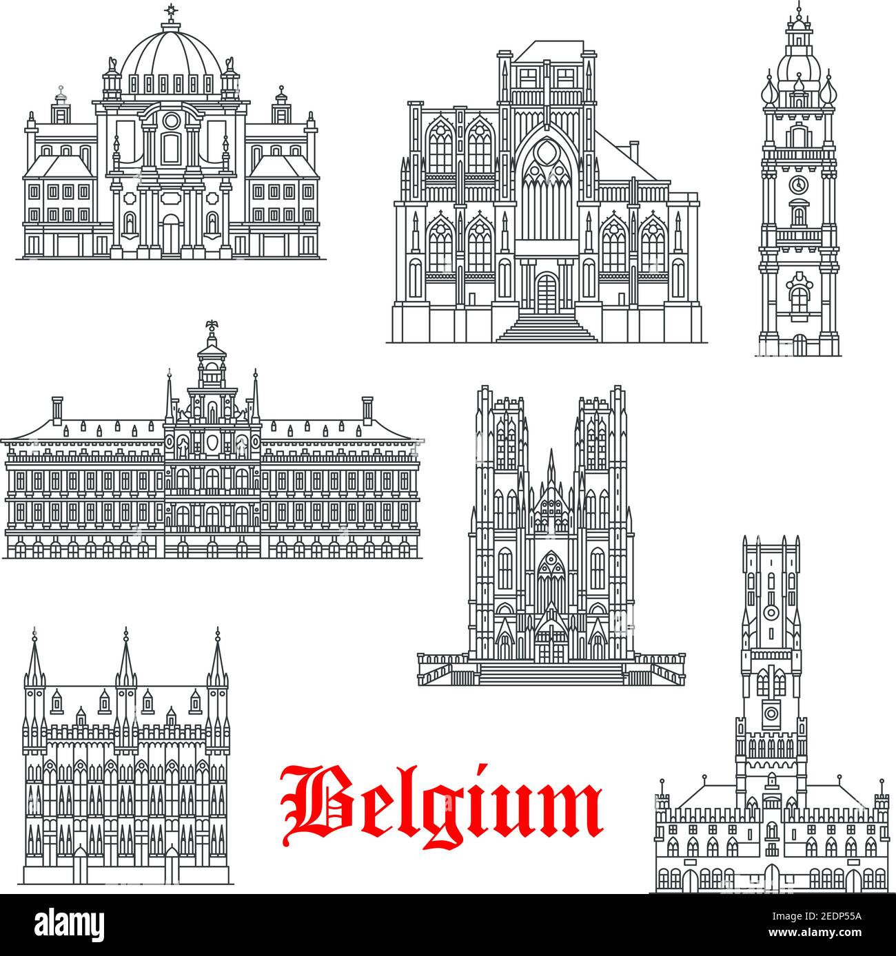 Architecture belge et bâtiments de référence. Icônes et façades isolées de l'église St Christopher, Pierre ou Gudula ou Sint Pieterskirk, Mons Bel Illustration de Vecteur