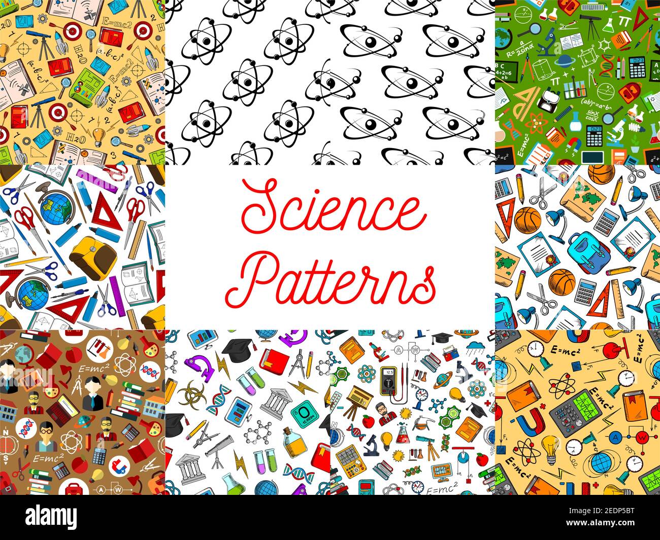 Motifs science sans couture. Modèle vectoriel d'objets et de symboles scientifiques, fournitures scolaires et universitaires et papeterie, Atom, Formula, microscop Illustration de Vecteur