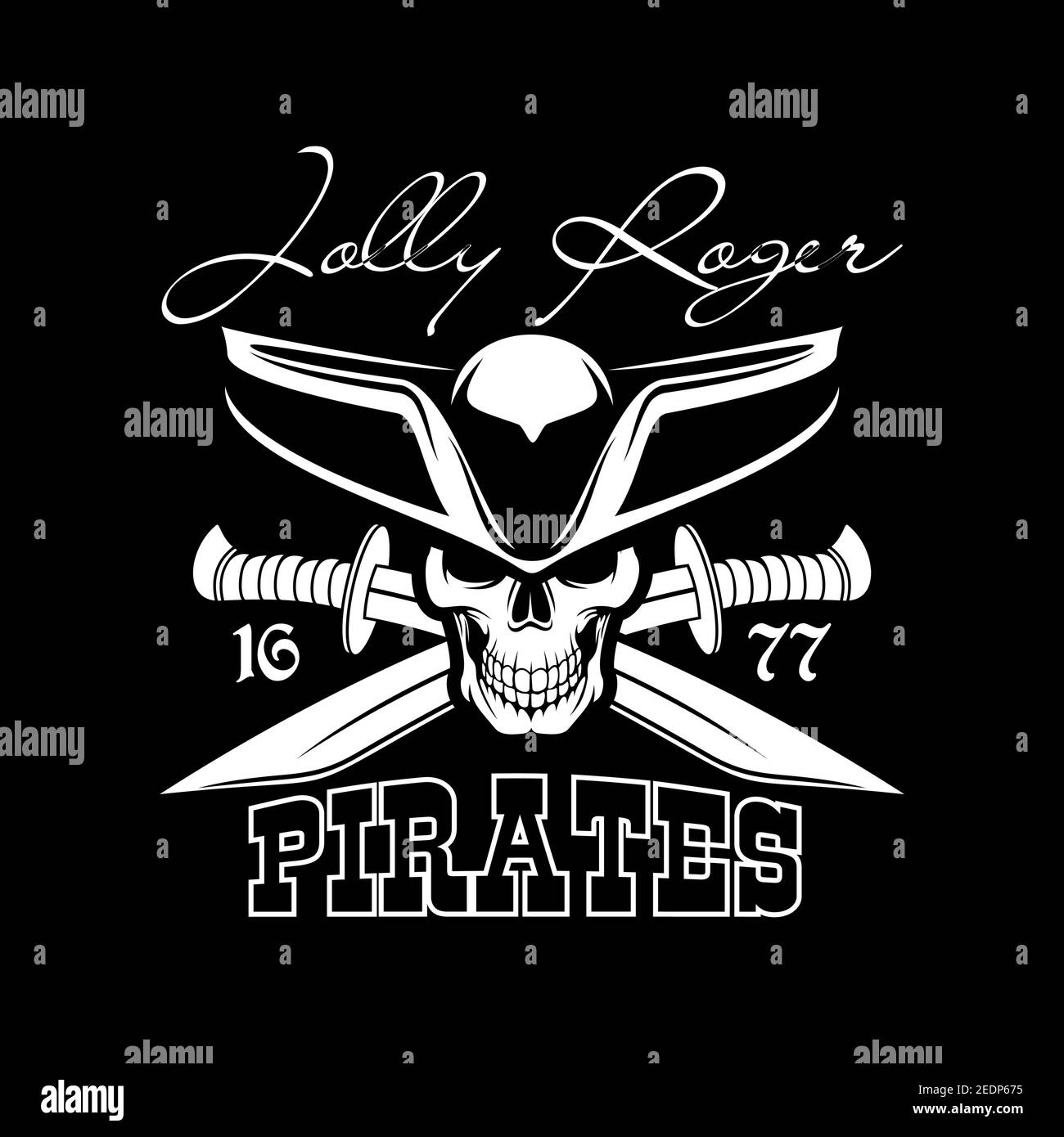 Drapeau noir pirate et symbole Jolly Roger en chapeau tricorne capitaine et épées ou sabres. Tête de marin de piraterie avec motif d'affiche de eyepatch pour le divertissement Illustration de Vecteur