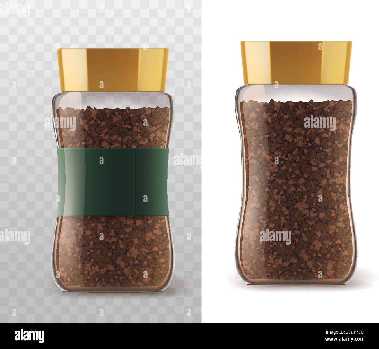 Bol en verre à café avec icônes de grains de café instantanés. Emballage contenant Vector avec couvercle marron et ruban adhésif isolé sur fond blanc et transparent Illustration de Vecteur