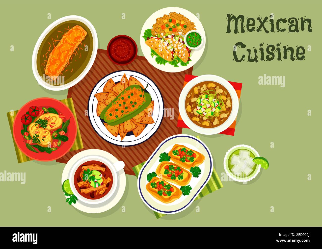 Cuisine mexicaine tacos de bœuf icône servi avec guacamole et riz, poivre farci avec viande et fromage, burrito cuit, soupe de poulet avec tortilla, pomme de terre Illustration de Vecteur