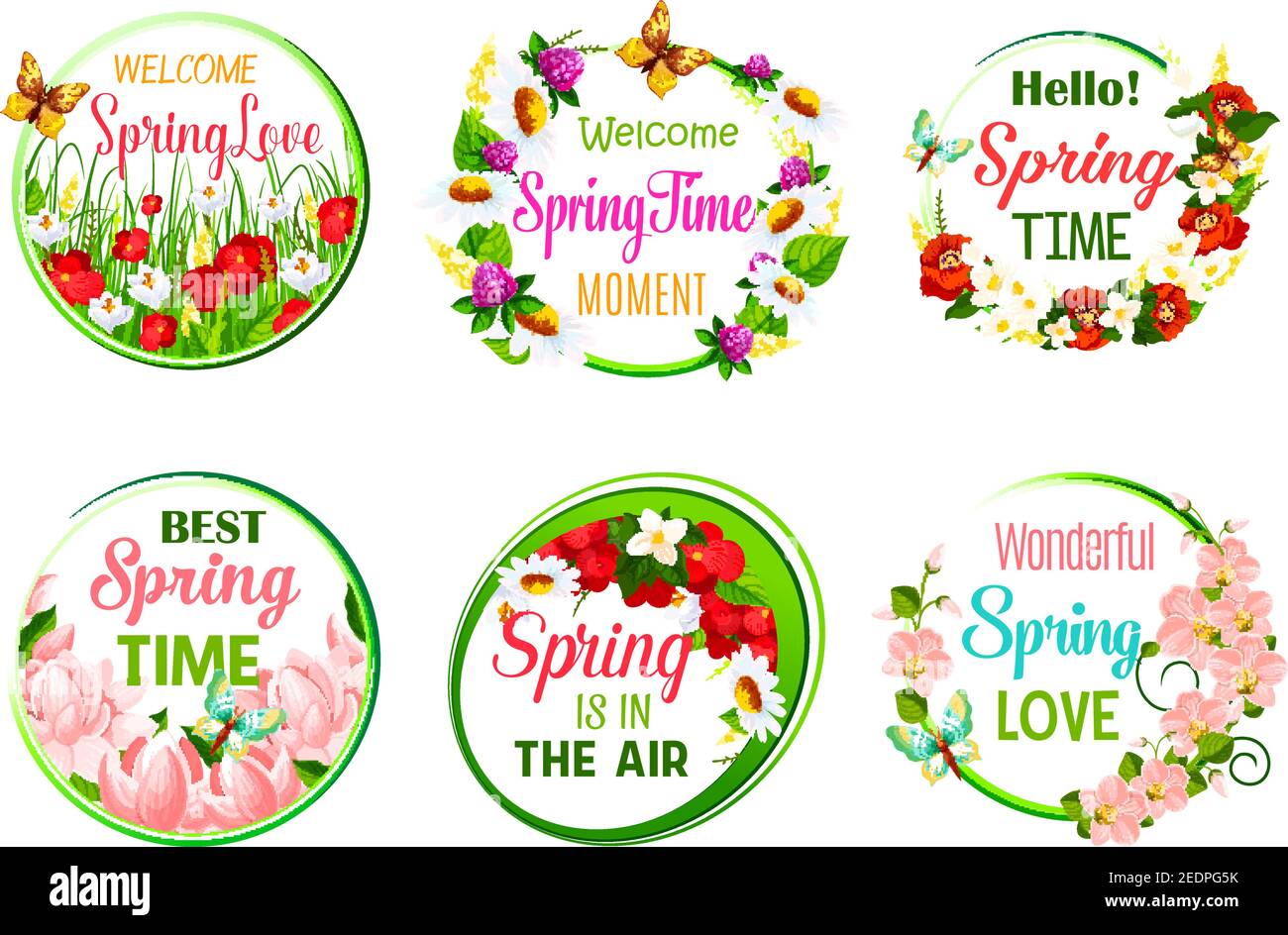 Modèles de citations de vœux de printemps de printemps et de printemps est dans les airs. Ensemble d'icônes florales vectorielles de fleurs de begonia et de pavot, Marguerite Illustration de Vecteur