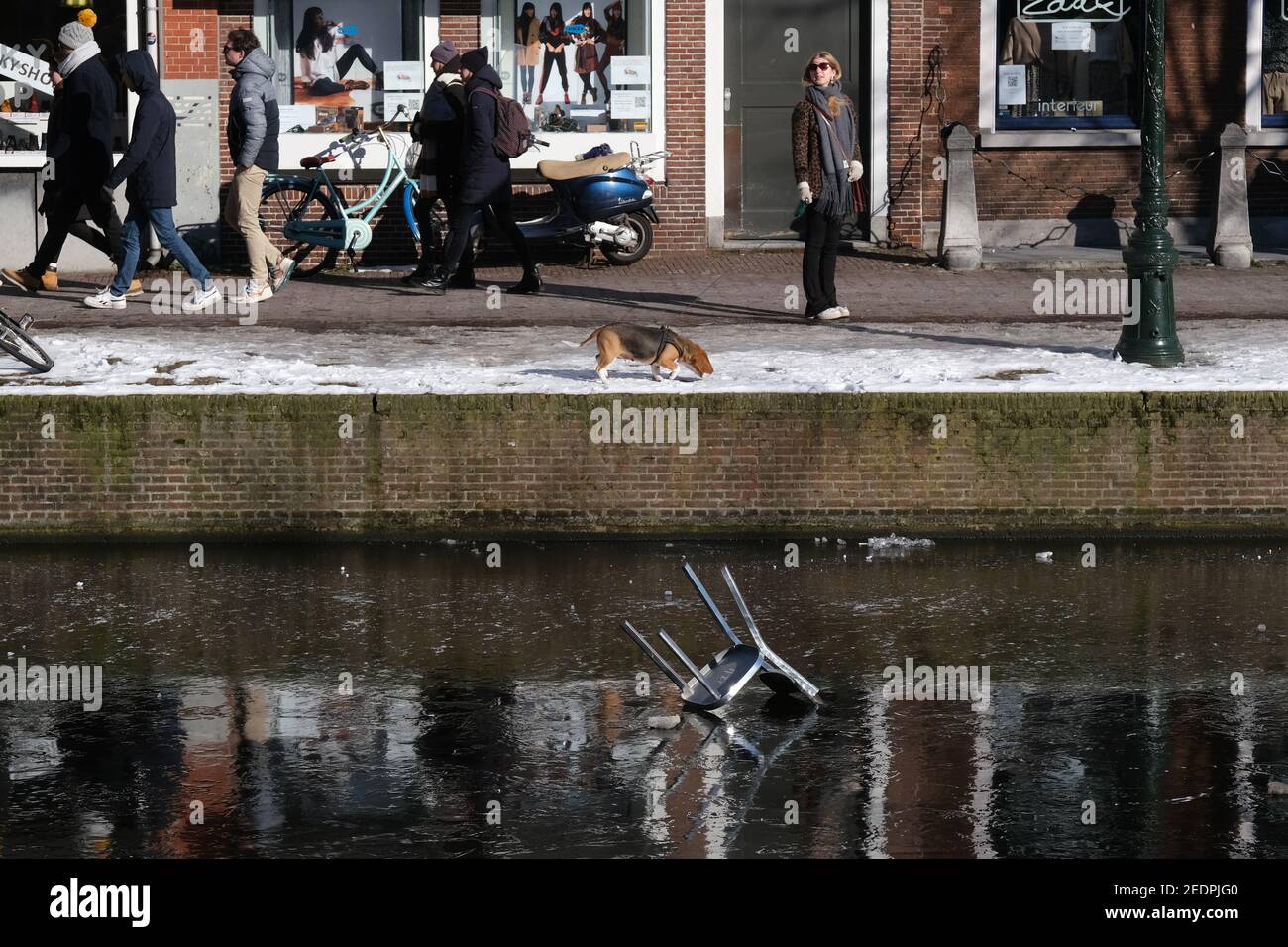 Une femme marchant son chien s'arrête devant une chaise tombée sur un canal gelé le 13 février 2021 à Leiden, pays-Bas. (Photo de Yuriko Nakao/AFLO) Banque D'Images