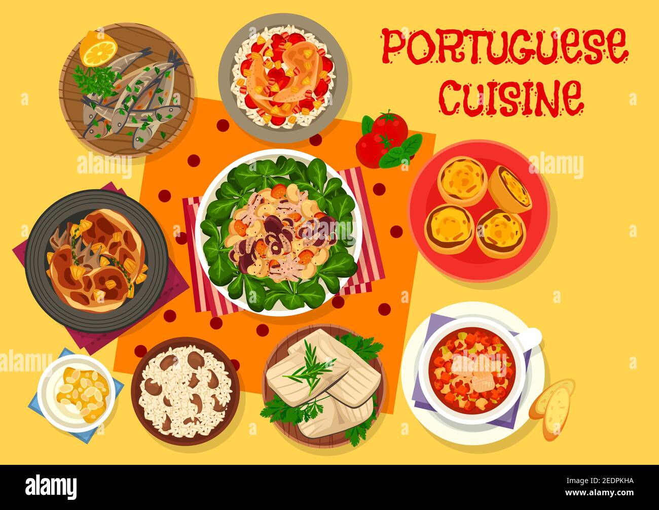 Cuisine portugaise avec sardine grillée, poulet cuit au vin avec du riz, soupe de tomates de poisson, tarte à la crème anglaise, salade de haricots poulpes, lapin frit Illustration de Vecteur