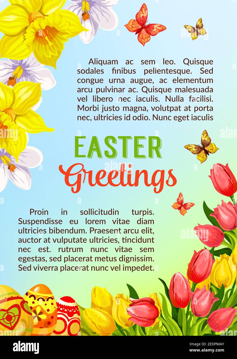 Affiche de voeux de Pâques ou modèle de carte avec œufs peints par Pascal et fleurs de vacances de printemps. Tulipes ou narcisses et papillons vectoriels. Catheroli Illustration de Vecteur Affiche de voeux de Pâques ou modèle de carte avec œufs peints par Pascal et fleurs de vacances de printemps. Tulipes ou narcisses et papillons vectoriels. Catheroli Illustration de Vecteur