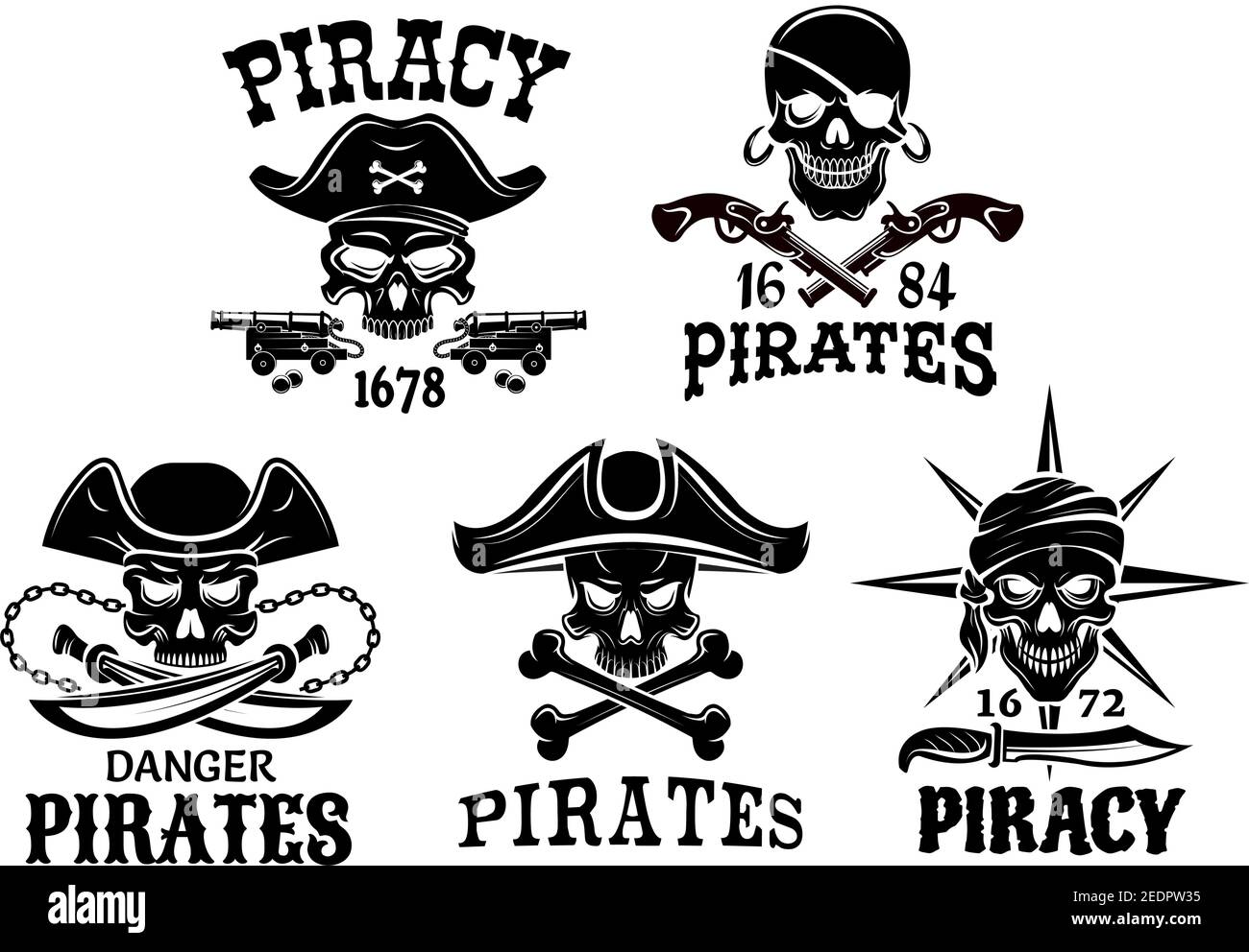 Les emblèmes de la piraterie et Jolly Roger Pirate vecteur des icônes du crâne de capitaine en chapeau tricorne et de l'eyepatch, bandana. Des symboles de sou de sou de voleur à l'envol Illustration de Vecteur