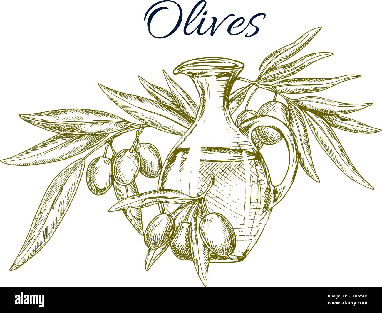 Carafe à l'huile d'olive avec croquis aux fruits. Pichet en verre d'huile d'olive, orné d'une brindille d'olivier avec des fruits et des feuilles, symbole isolé pour une alimentation saine, natura Illustration de Vecteur