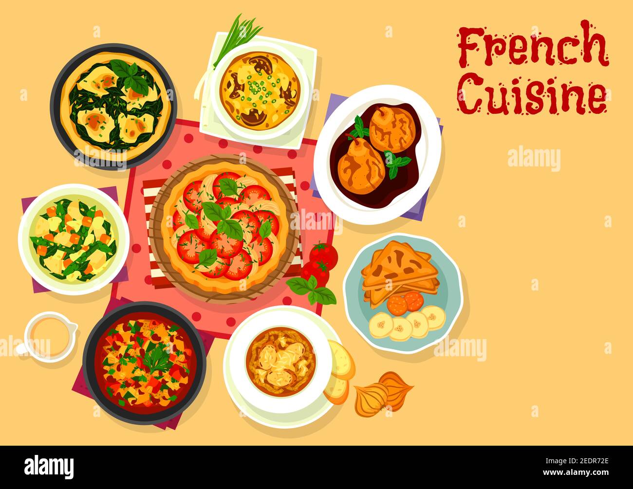 Cuisine française délicieux dîner icône de tarte de tomate au poulet avec fromage, ratatouille de ragoût de légumes, pain de banane, fruits de poire en sauce au vin, riz aux légumes Illustration de Vecteur