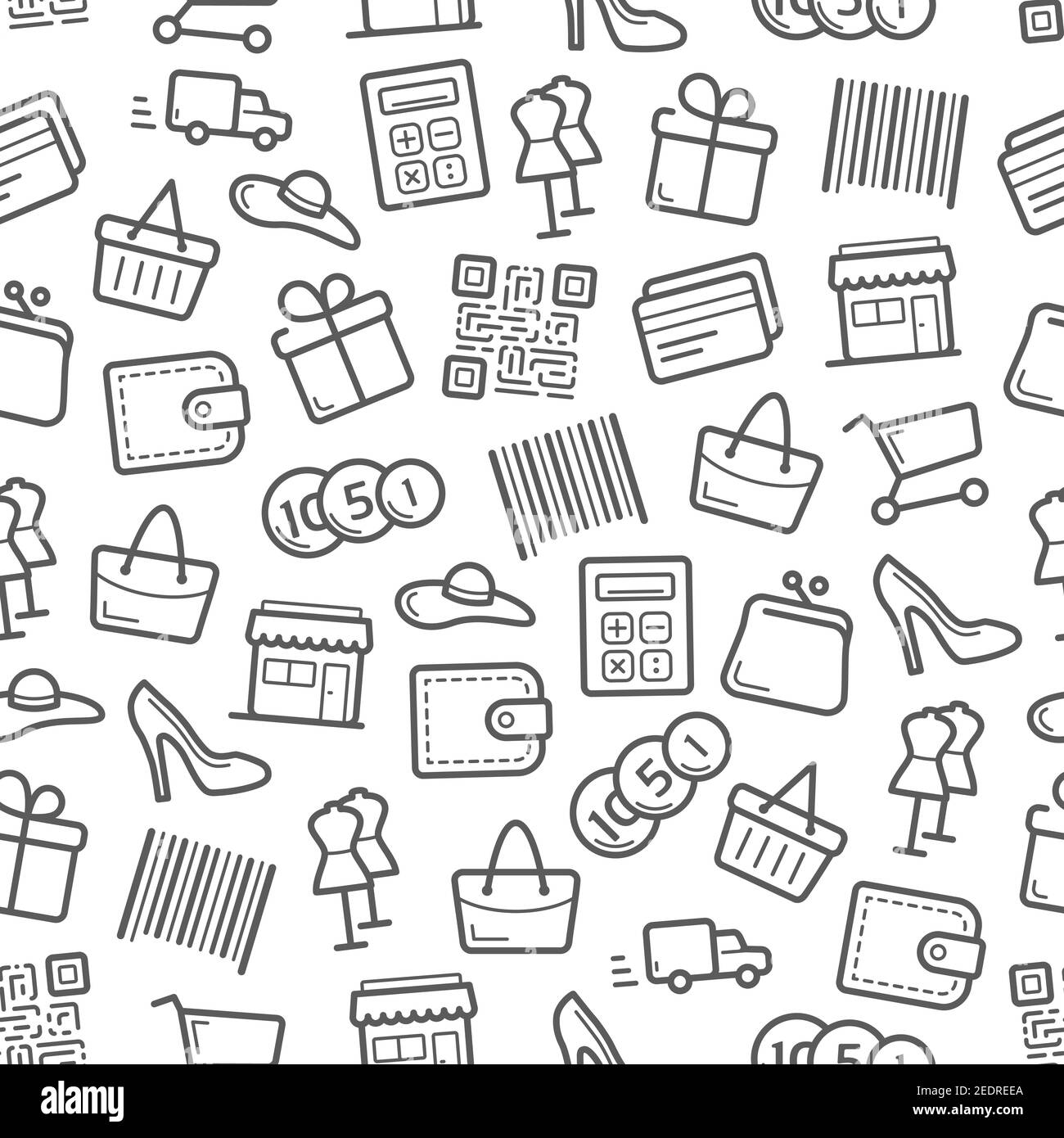 Arrière-plan de motif de vente et de magasinage sans couture. Panier, boîte-cadeau, argent, vêtements et sac, chaussures et magasin de détail, carte de crédit, calculatrice et portefeuille, c Illustration de Vecteur